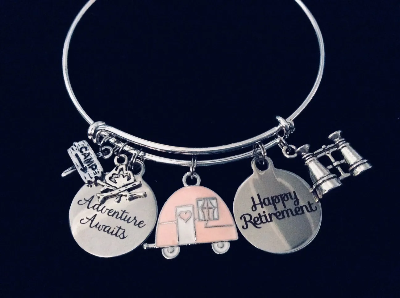 Camping Adventure Awaits Happy Retirement Adjustable Bracelet Expandable Silver Charm Bracelet Adjustable Bangle Office Worker Gift Retire Travel Binoculars Camper Camp Fire