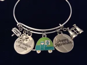 Camping Adventure Awaits Happy Retirement Adjustable Bracelet Expandable Silver Charm Bracelet Adjustable Bangle Office Worker Gift Retire Travel Binoculars Camper Camp Fire