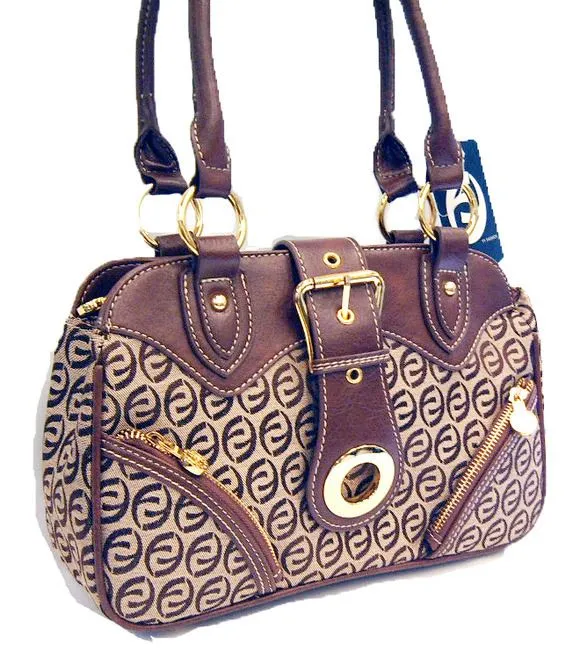 Canvas zip ring L satchel bag purse Designer Inspired brown pocket golden metal