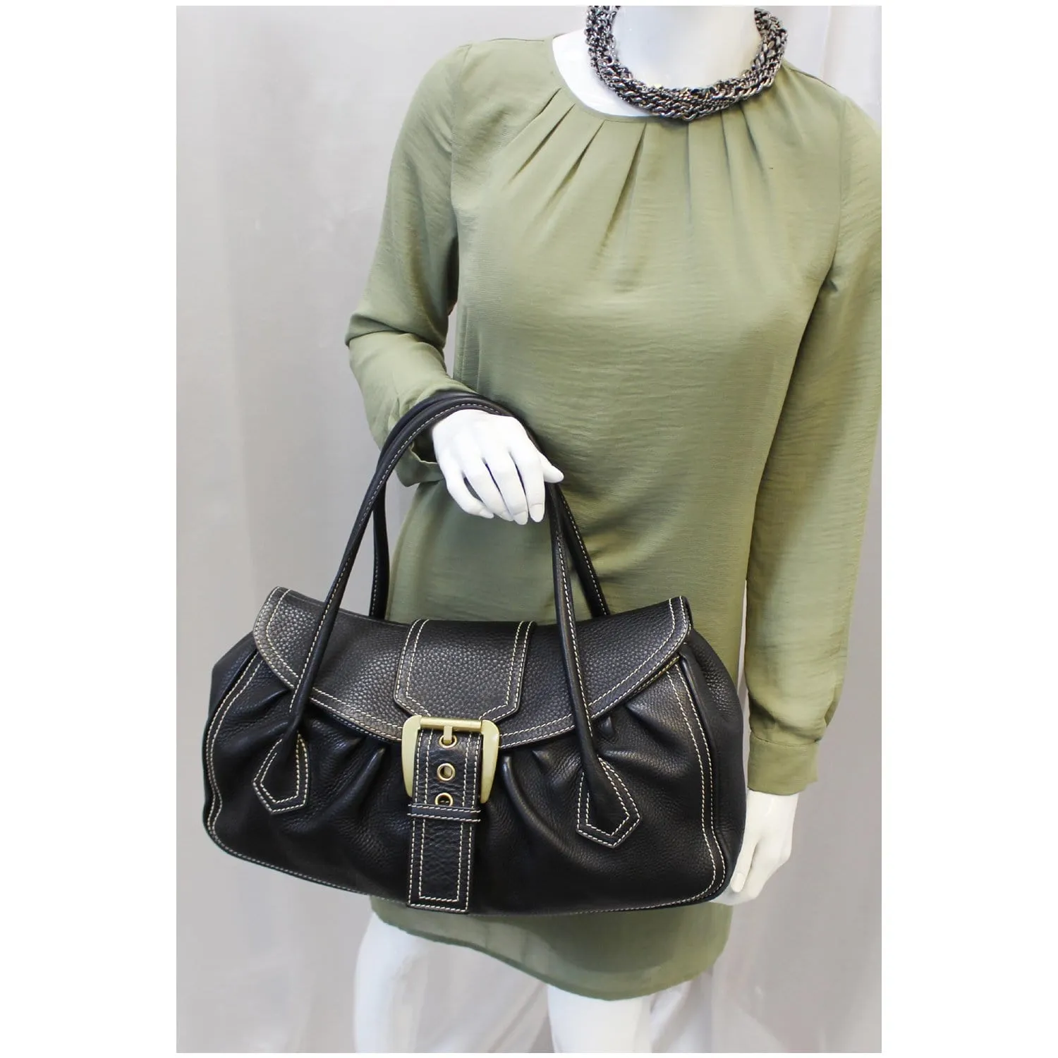 Celine Buckle Leather Satchel Bag Black - Last Call
