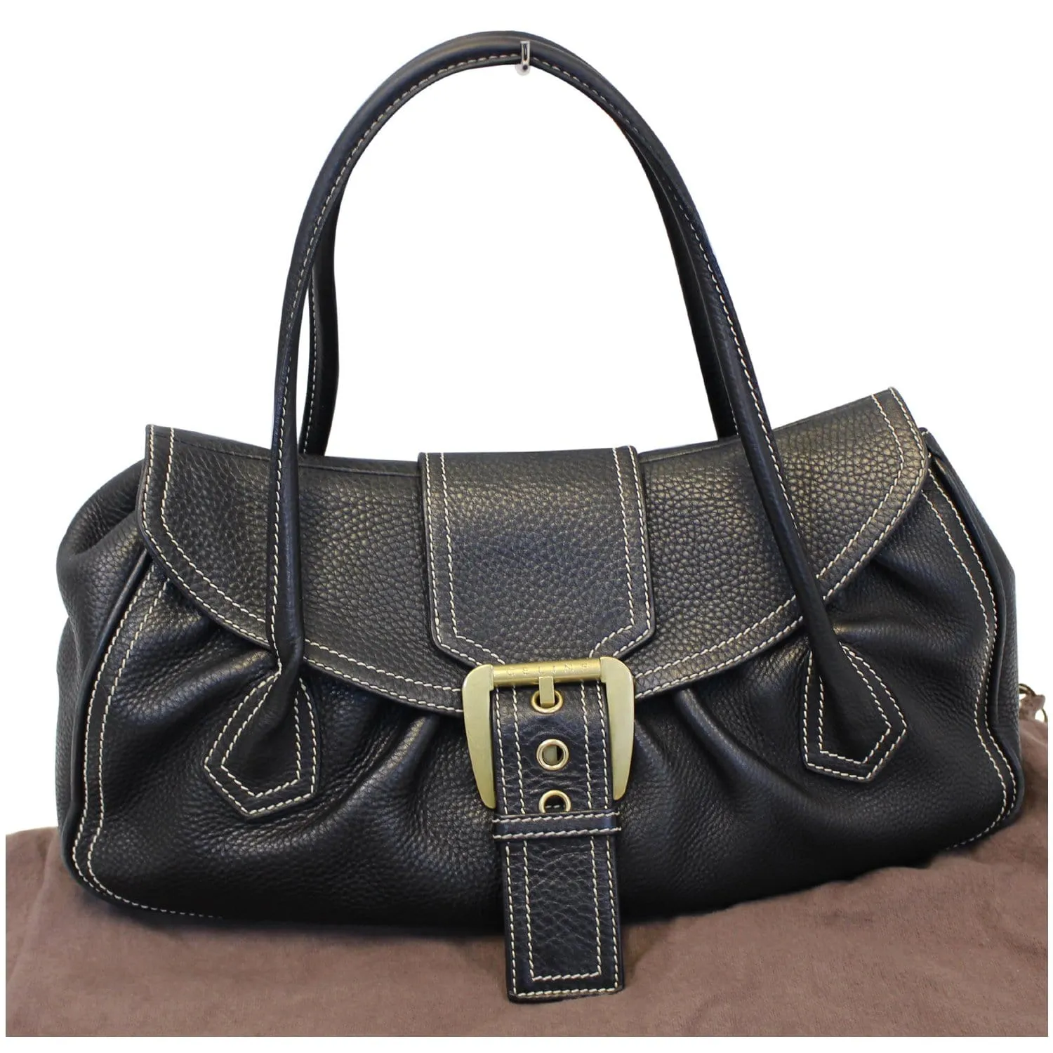 Celine Buckle Leather Satchel Bag Black - Last Call