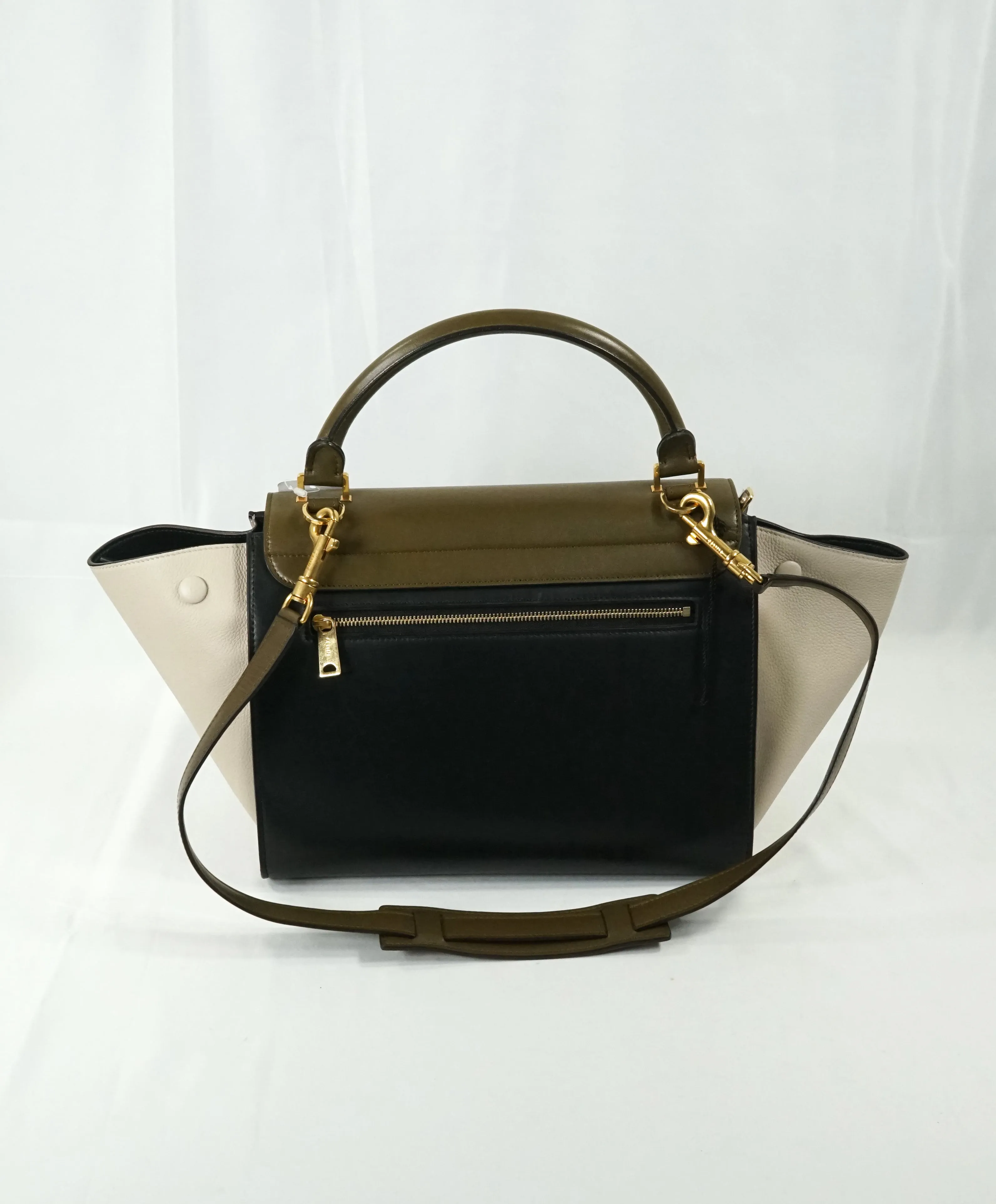 CELINE - "Trapeze" Sleek Calfskin Tricolor Moss Green Handbag -
