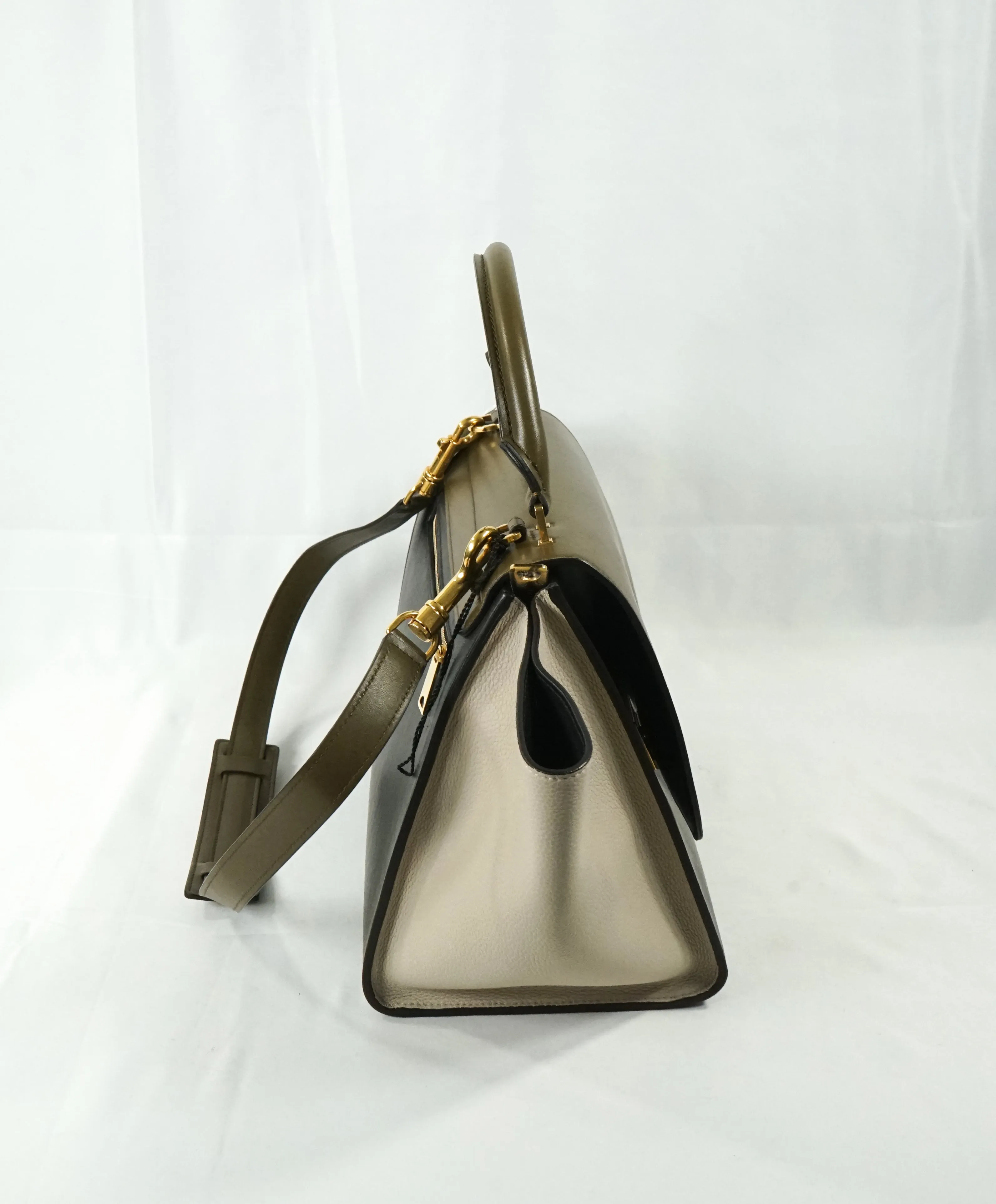 CELINE - "Trapeze" Sleek Calfskin Tricolor Moss Green Handbag -
