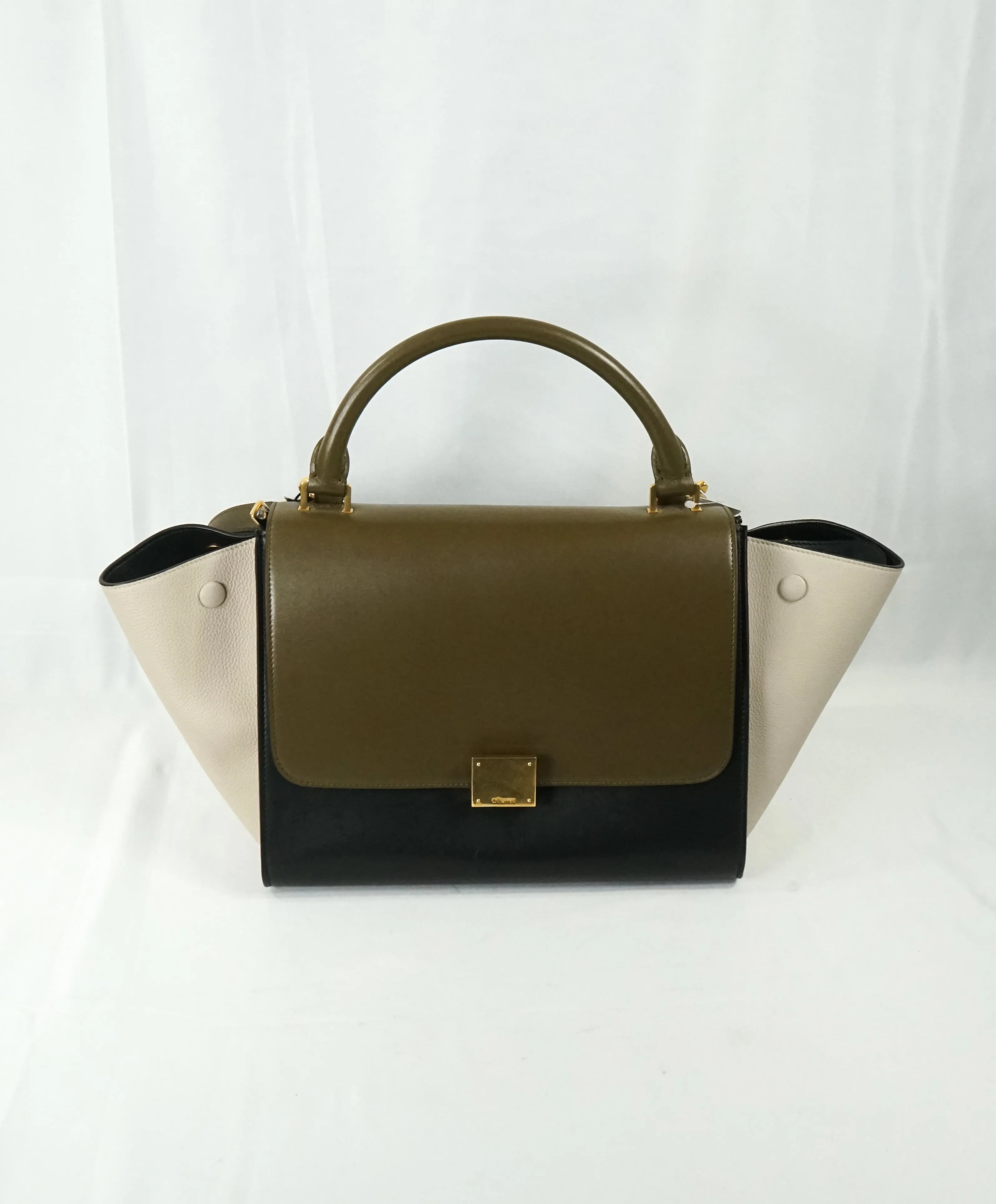 CELINE - "Trapeze" Sleek Calfskin Tricolor Moss Green Handbag -