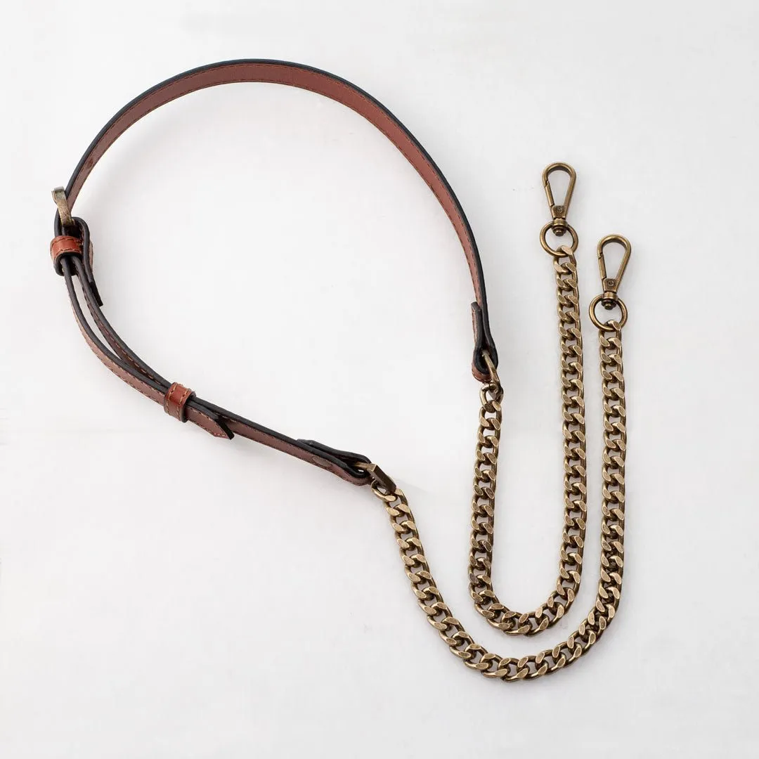 Chain and Leather - Italian Leather and Antique Brass Curb Cognac Shoulder Strap