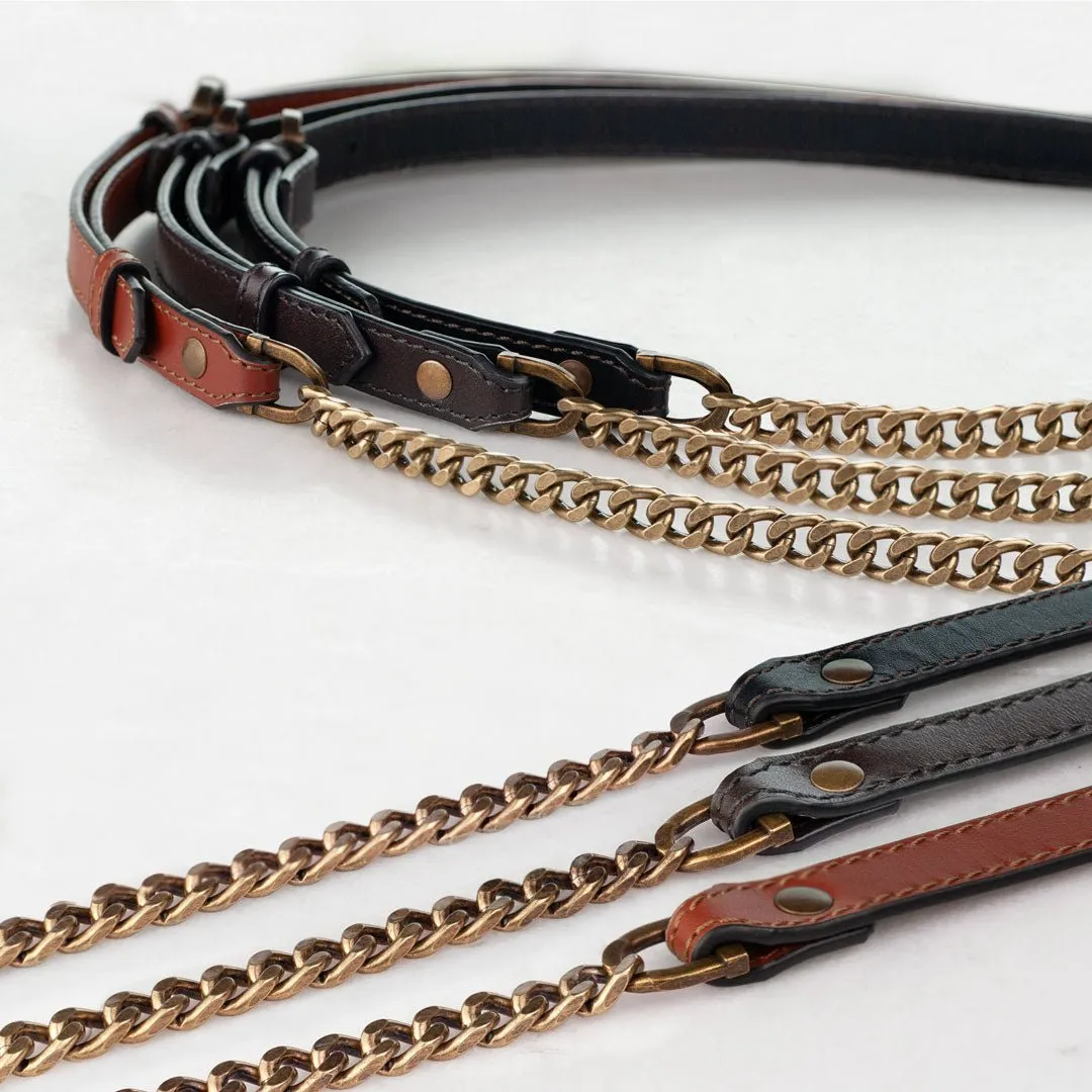 Chain and Leather - Italian Leather and Antique Brass Curb Cognac Shoulder Strap