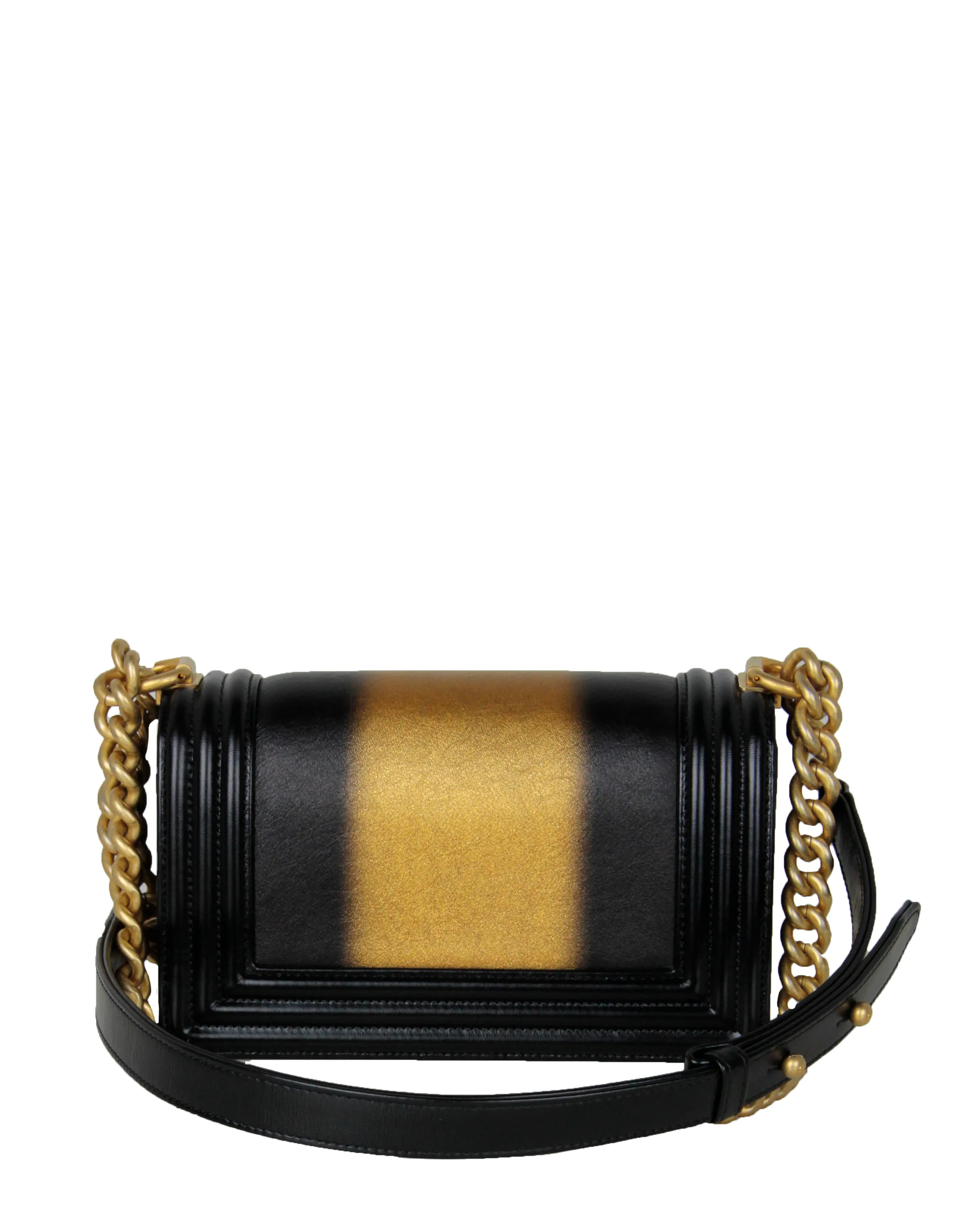 Chanel 2021 Calfskin Leather Metallic Black/Gold Small Boy Bag
