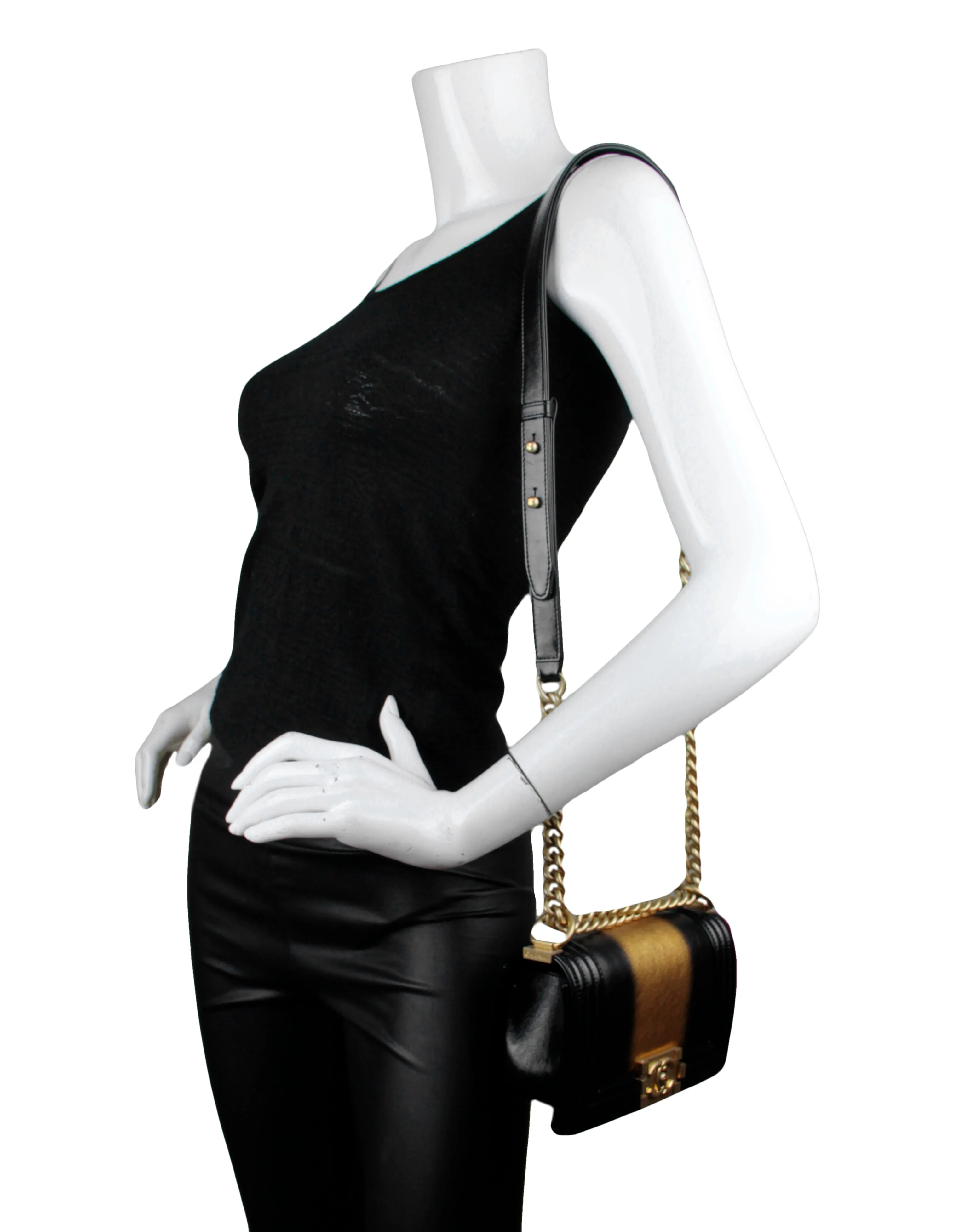 Chanel 2021 Calfskin Leather Metallic Black/Gold Small Boy Bag
