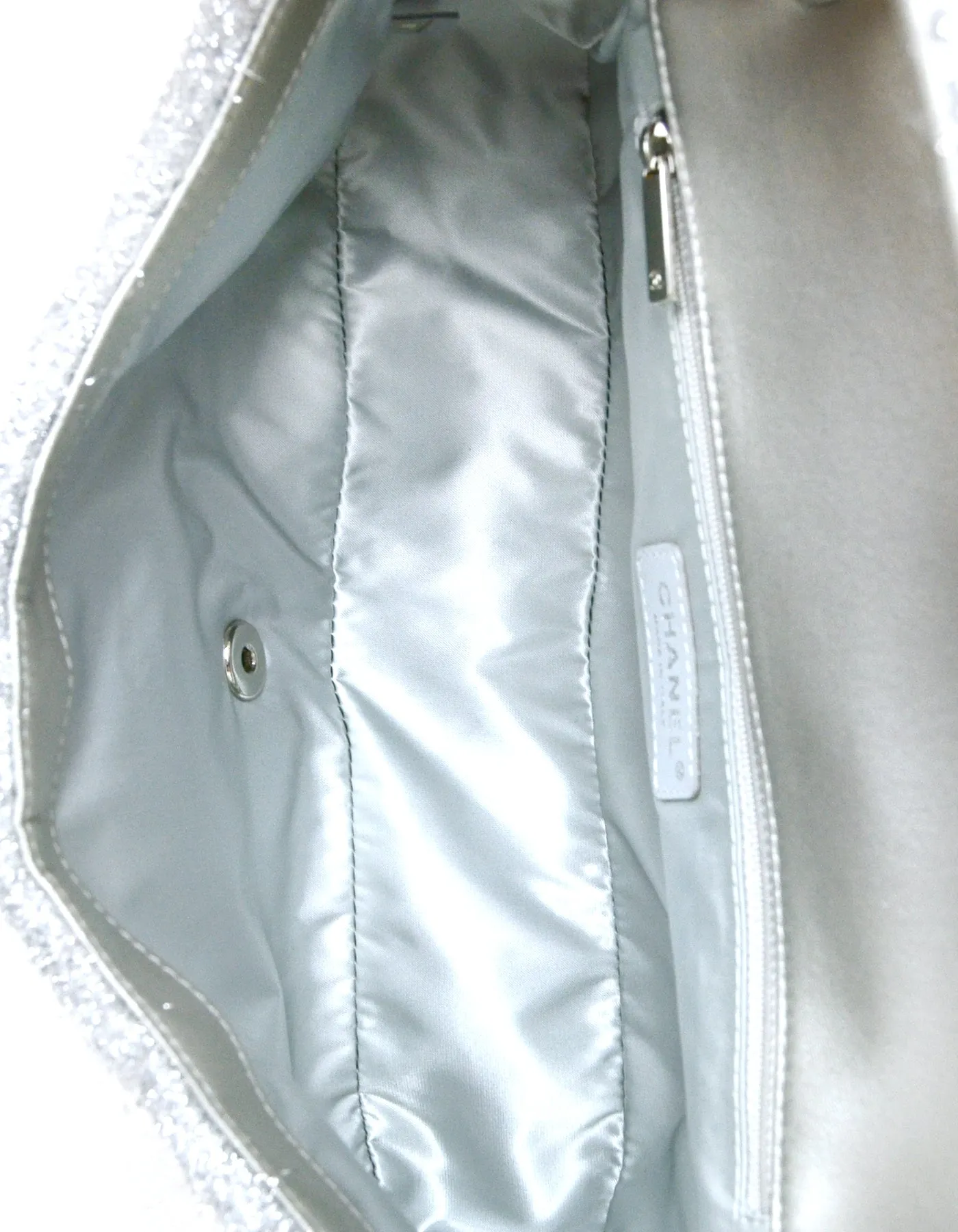Chanel Silver Quilted Knit Pluto Glitter Large Flap Bag