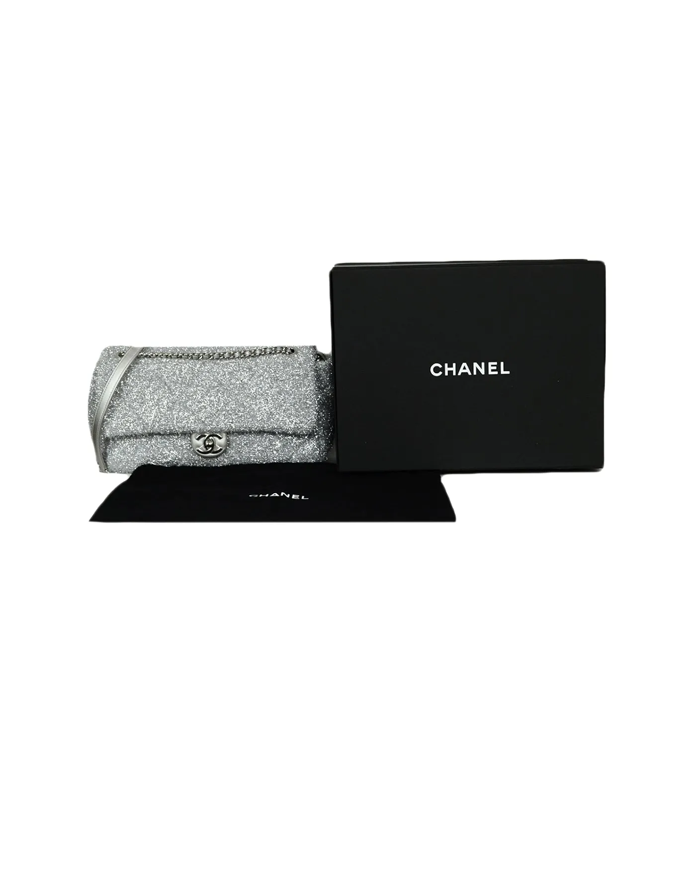 Chanel Silver Quilted Knit Pluto Glitter Large Flap Bag