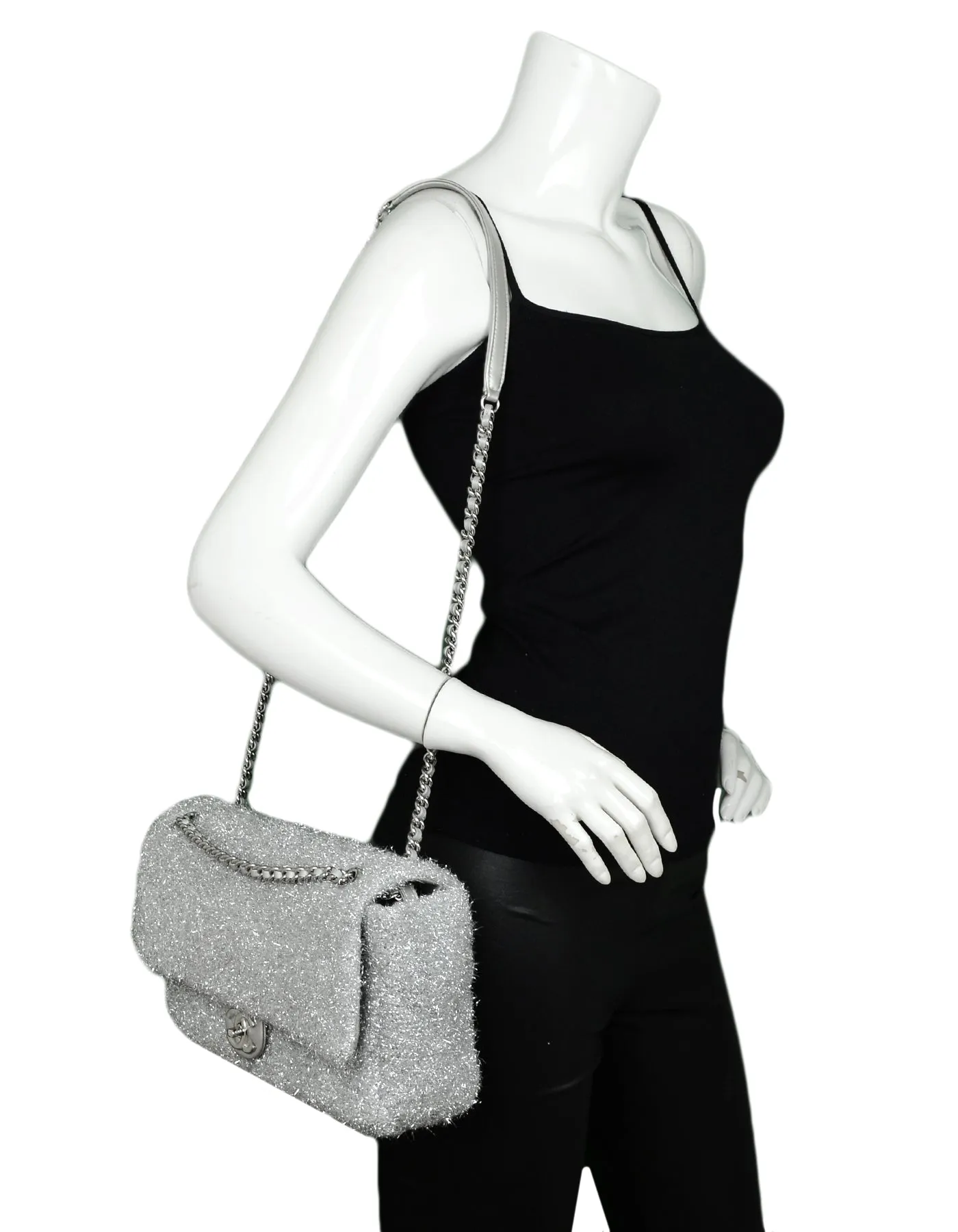 Chanel Silver Quilted Knit Pluto Glitter Large Flap Bag