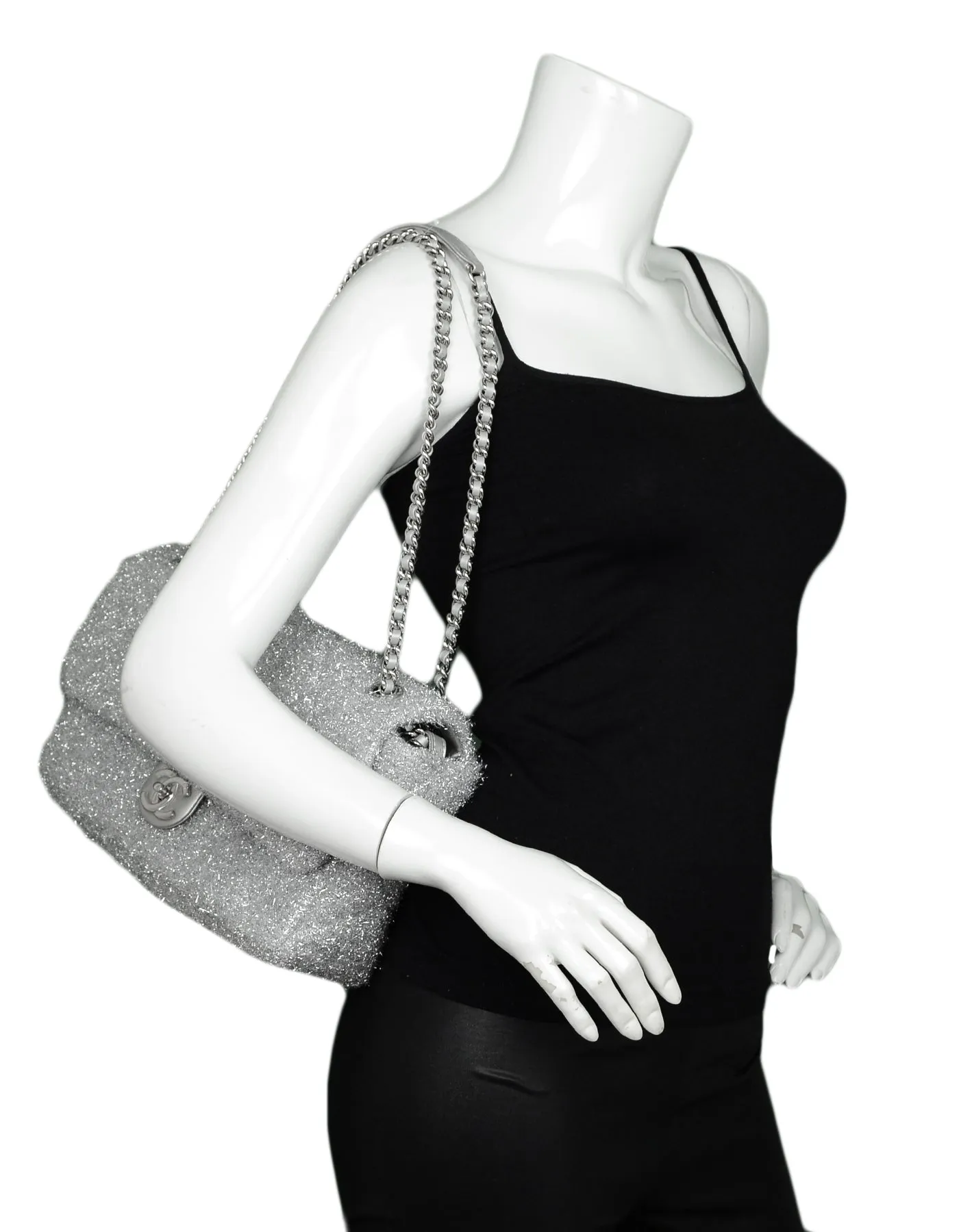 Chanel Silver Quilted Knit Pluto Glitter Large Flap Bag