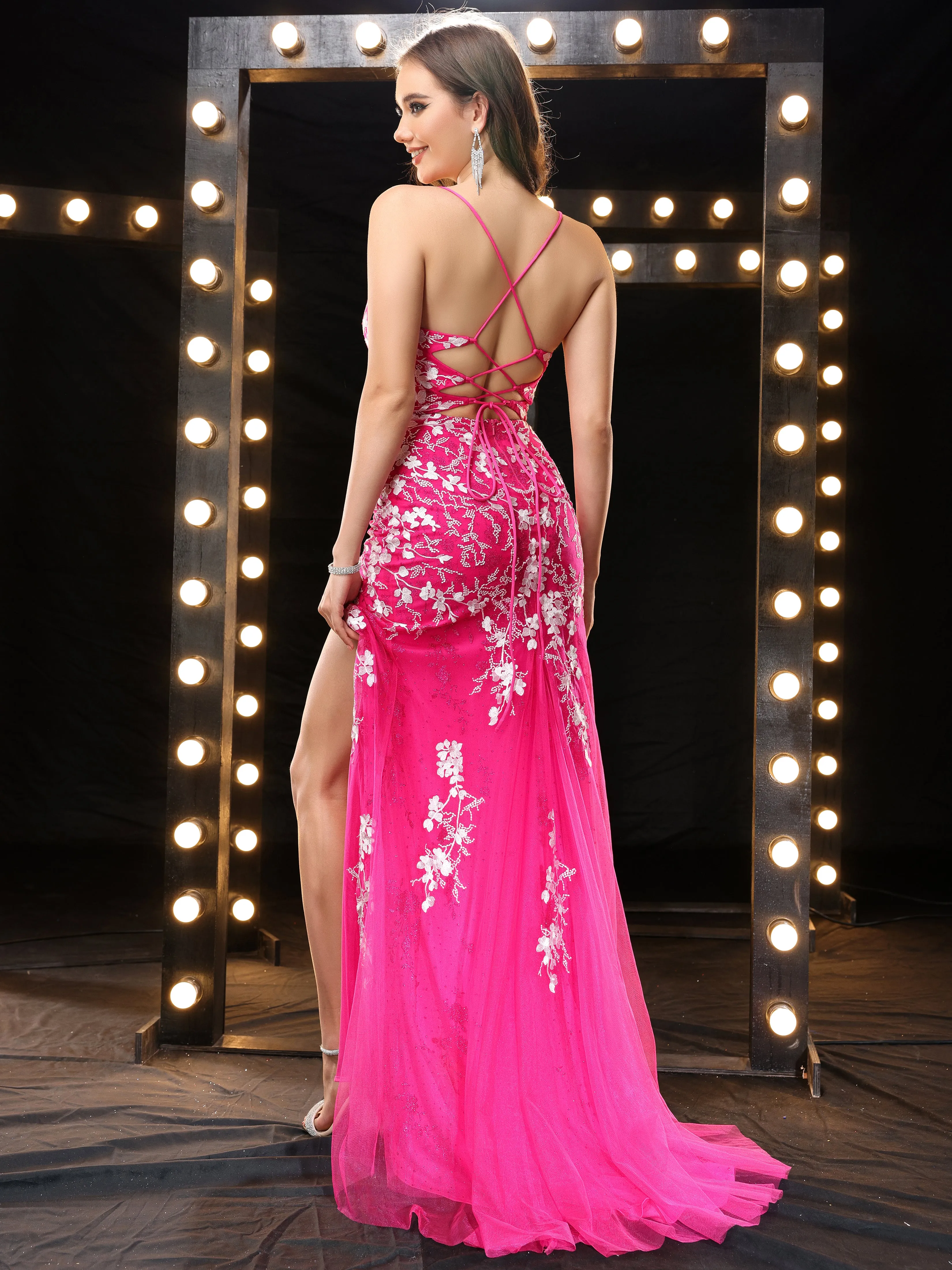 Charming Lace Trumpet Straps Long Prom Dress with Slit