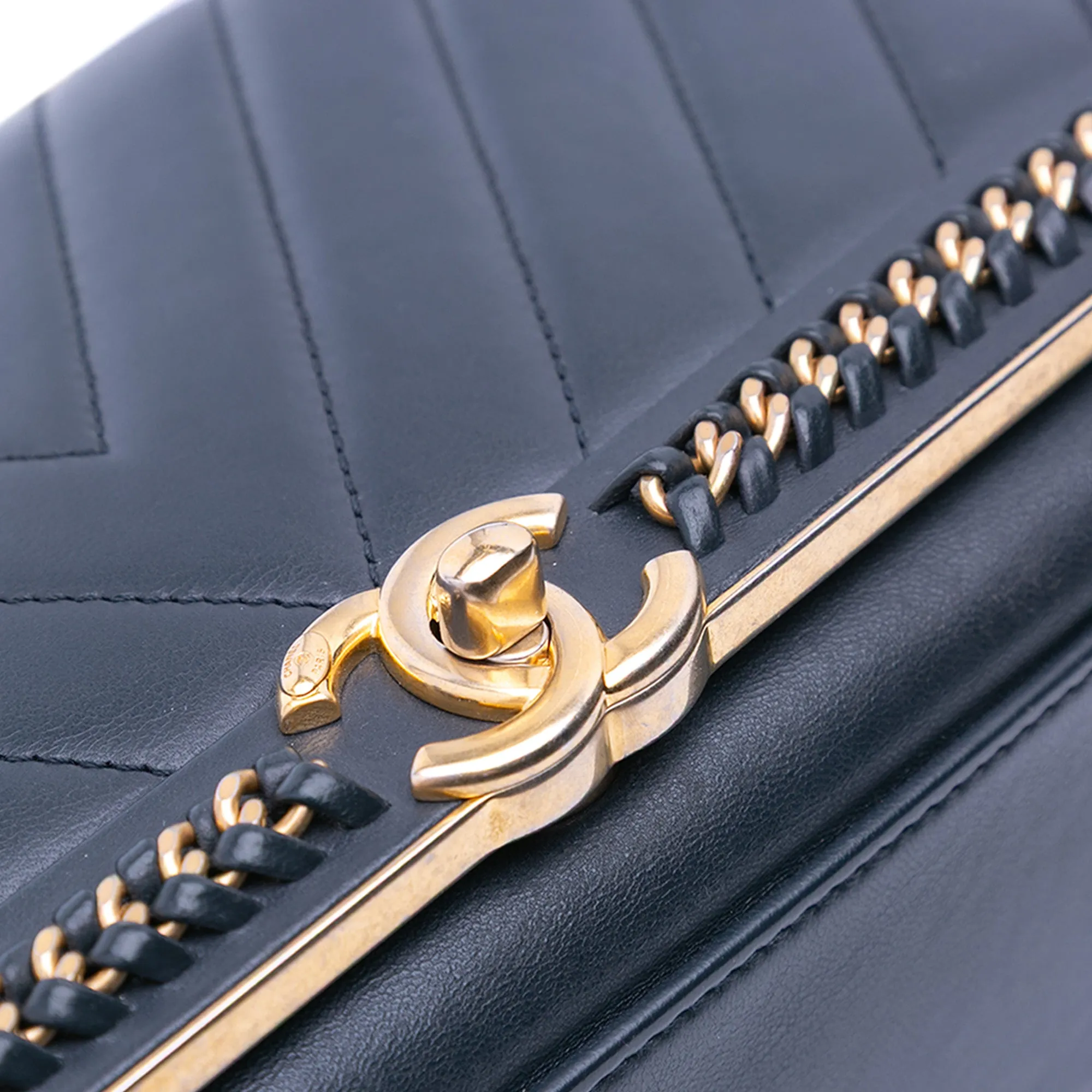 Chevron Sheepskin Stitched Chain Top Handle Flap