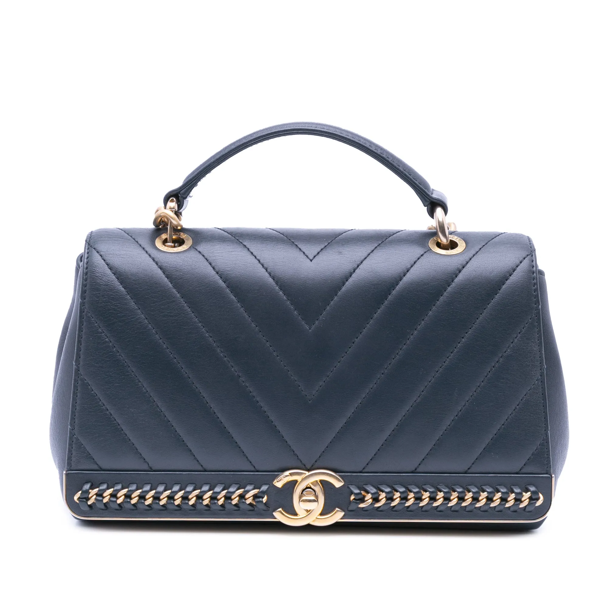 Chevron Sheepskin Stitched Chain Top Handle Flap
