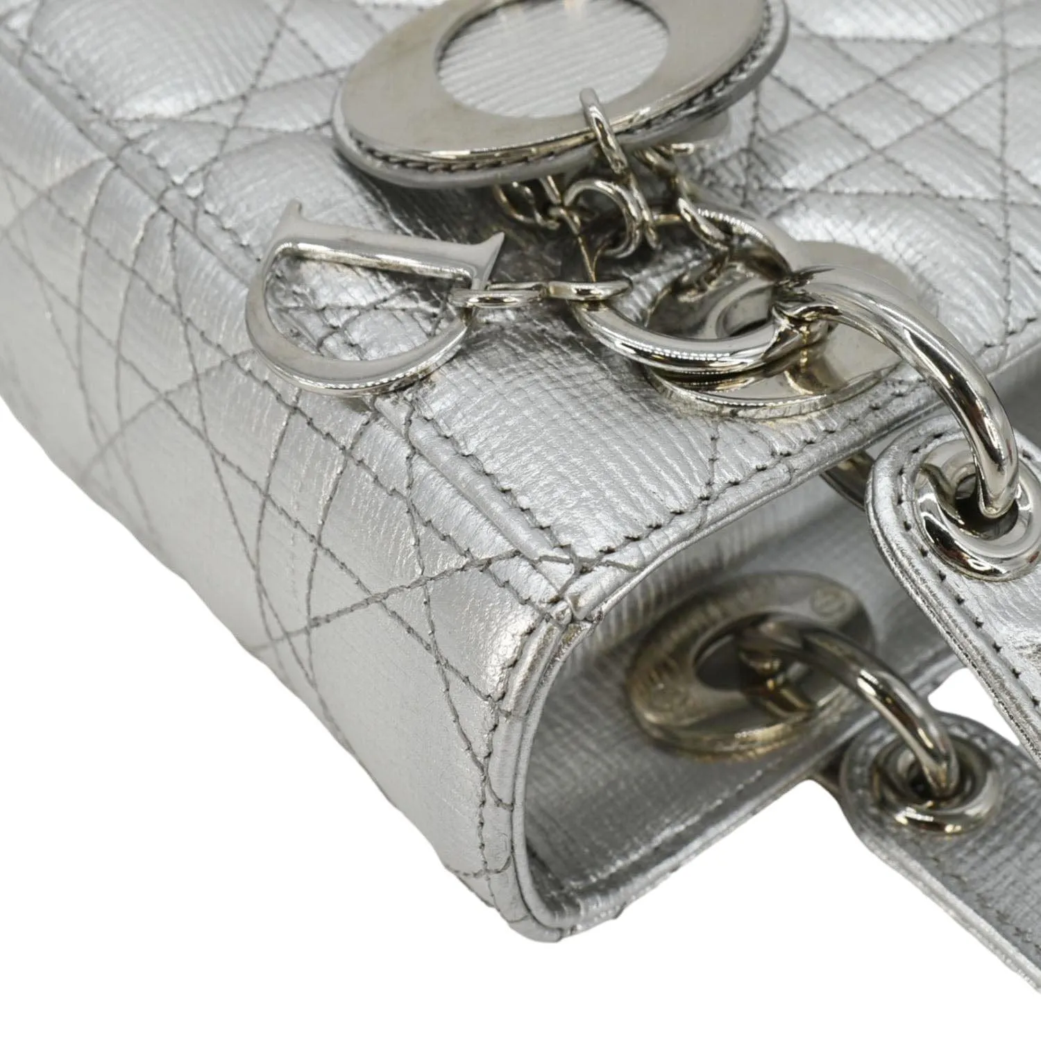 CHRISTIAN DIOR Lady Dior Lambskin Leather Shoulder Bag Metallic Silver