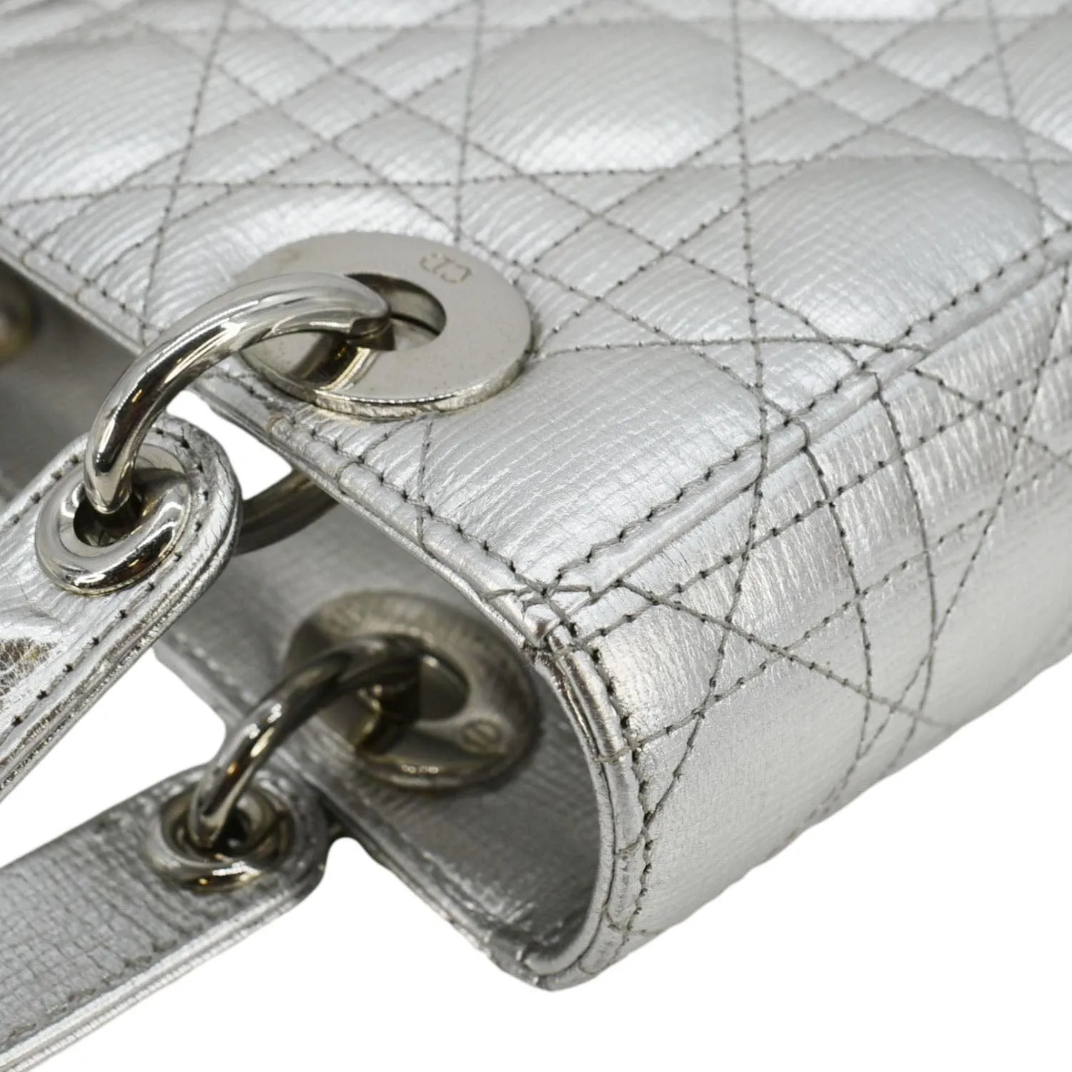 CHRISTIAN DIOR Lady Dior Lambskin Leather Shoulder Bag Metallic Silver