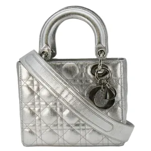 CHRISTIAN DIOR Lady Dior Lambskin Leather Shoulder Bag Metallic Silver