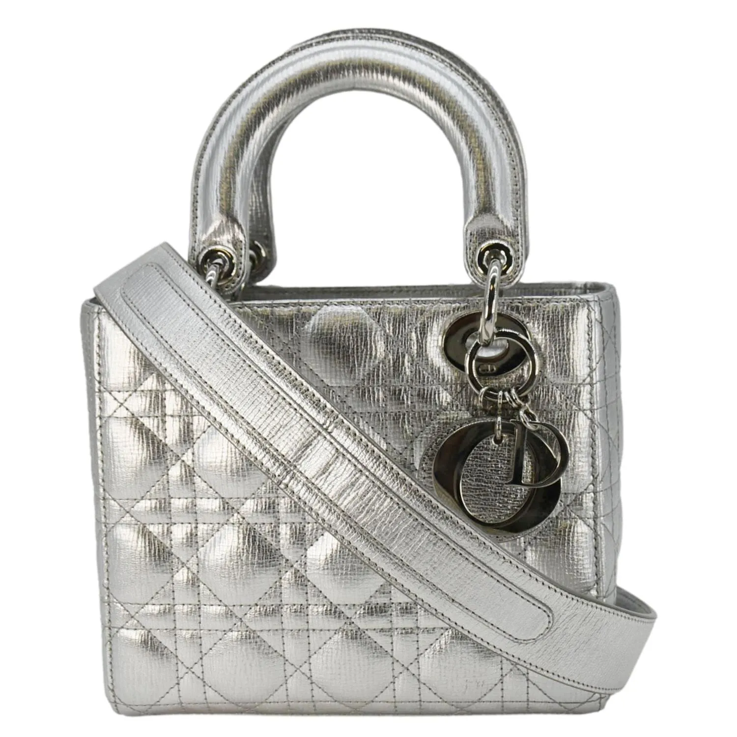 CHRISTIAN DIOR Lady Dior Lambskin Leather Shoulder Bag Metallic Silver