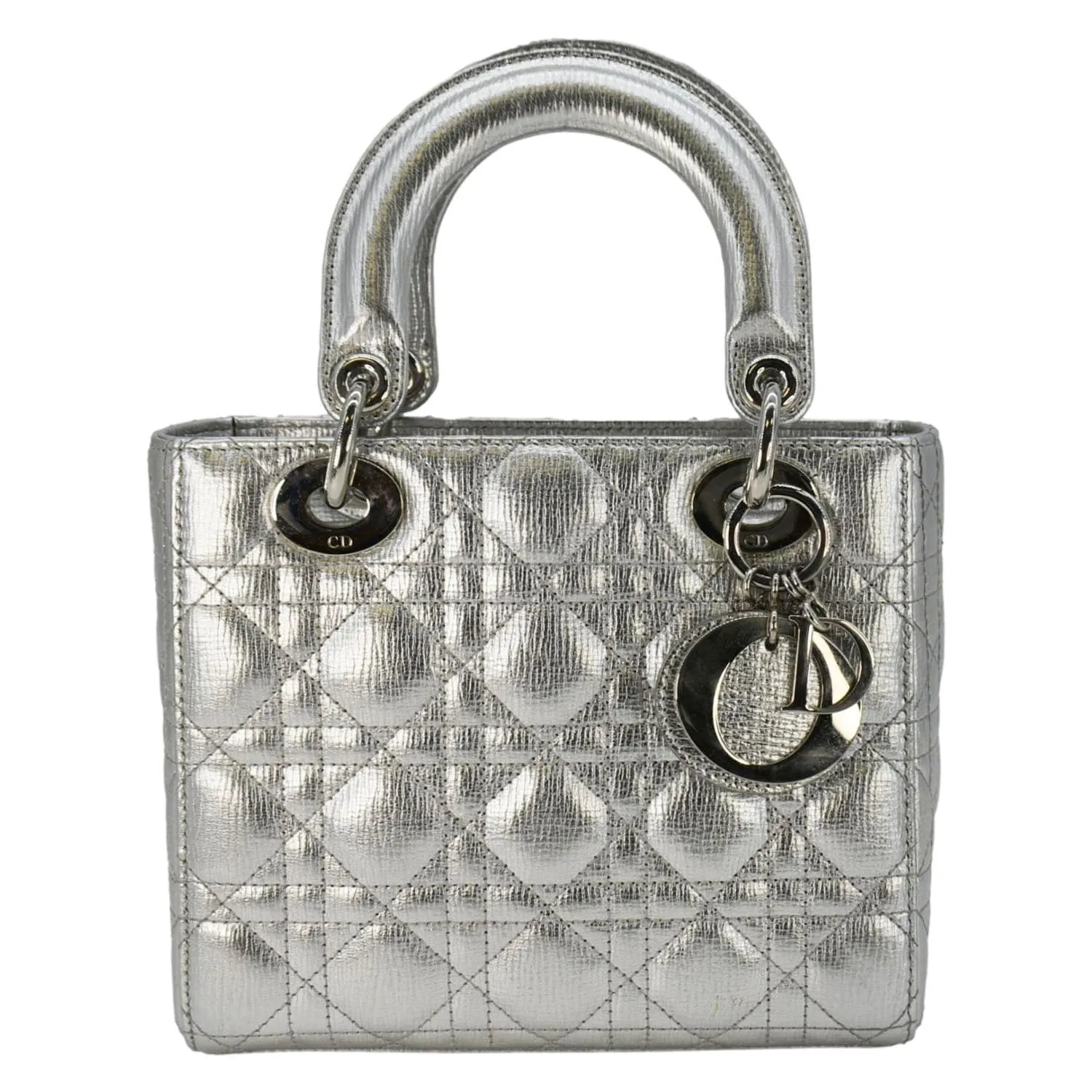 CHRISTIAN DIOR Lady Dior Lambskin Leather Shoulder Bag Metallic Silver