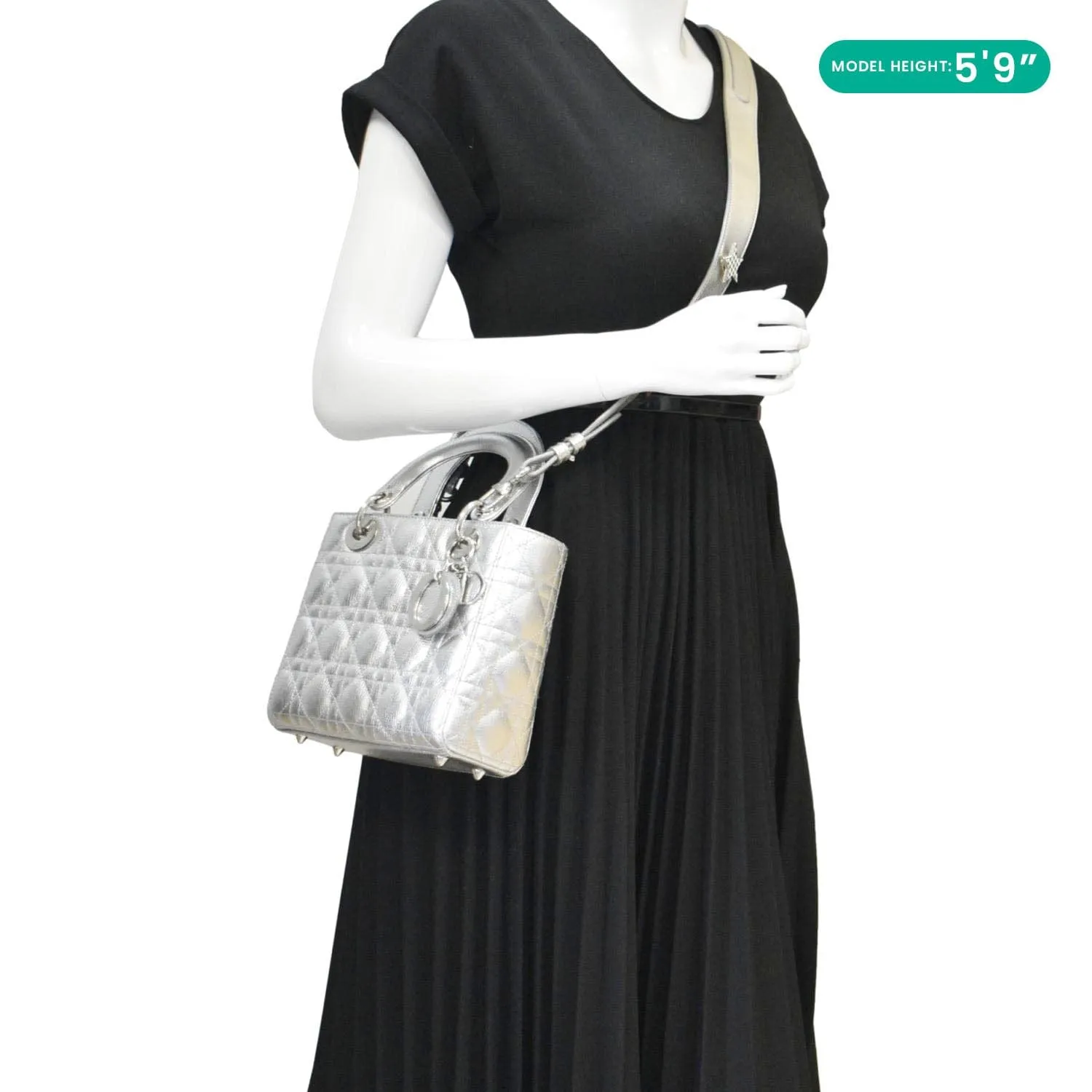 CHRISTIAN DIOR Lady Dior Lambskin Leather Shoulder Bag Metallic Silver
