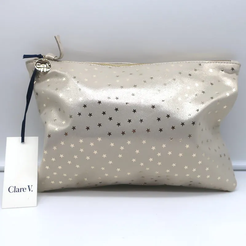 Clare V. Flat Clutch Shimmer Stars Print Metallic Nubuck NEW