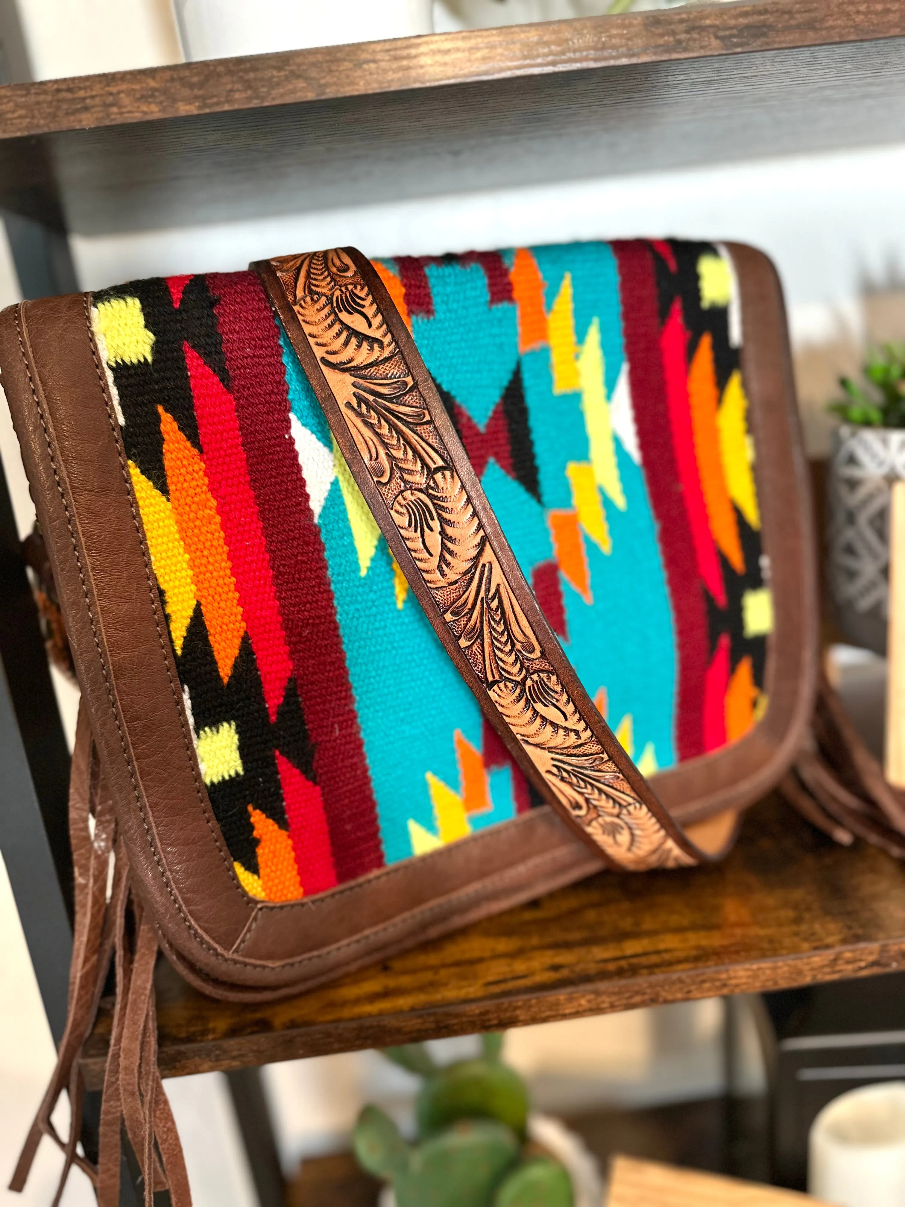 Clearance! Southwestern Sunset Wool and Leather Handbag Satchel