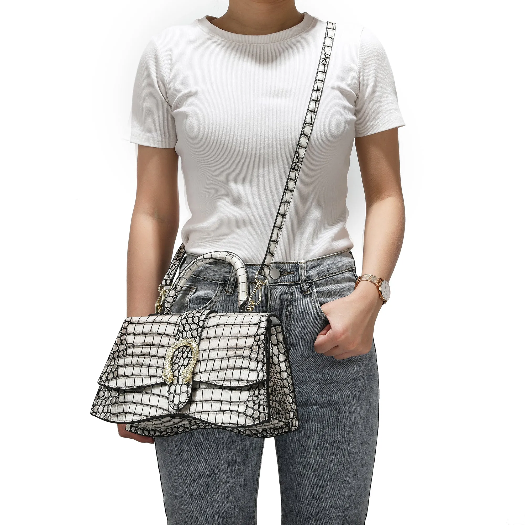 Croc-pattern Printed Leather Satchel