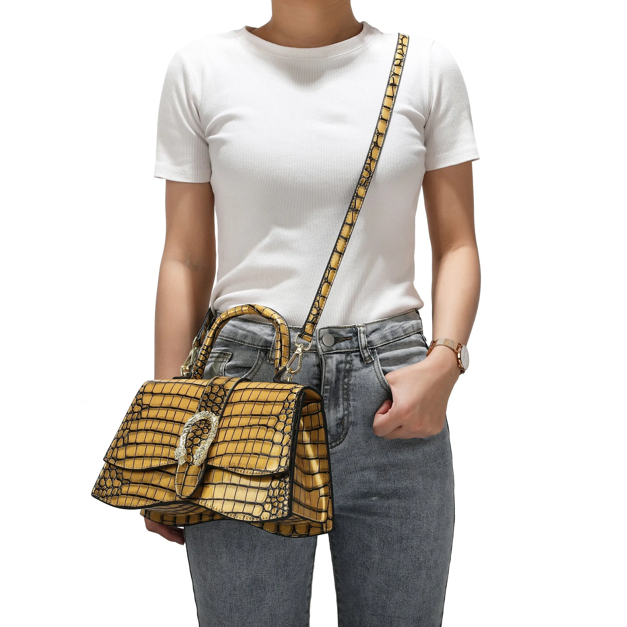 Croc-pattern Printed Leather Satchel
