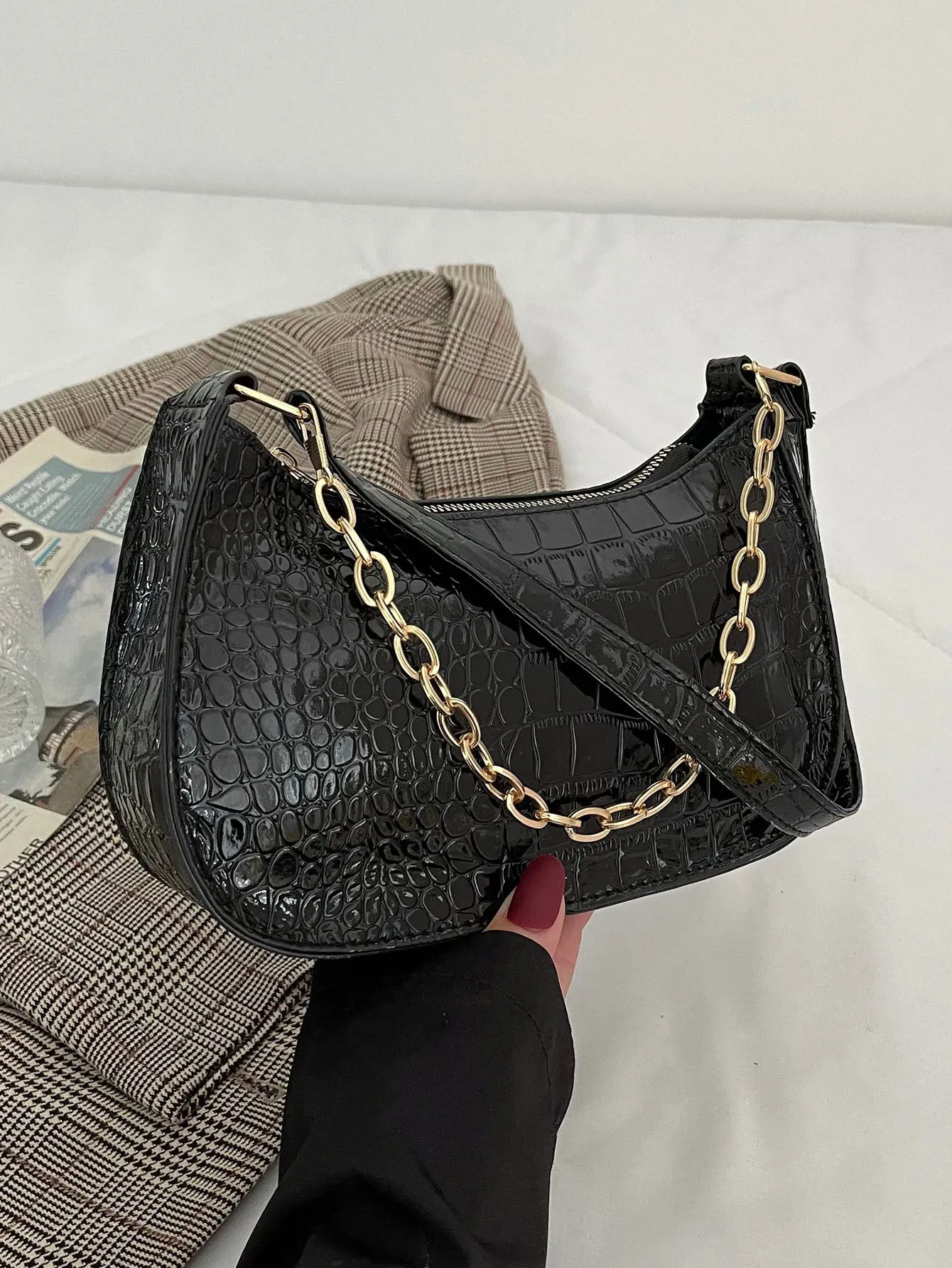 Crocodile Embossed Baguette Bag - Black