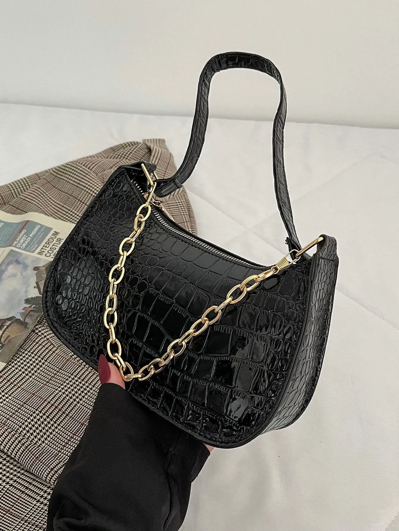 Crocodile Embossed Baguette Bag - Black