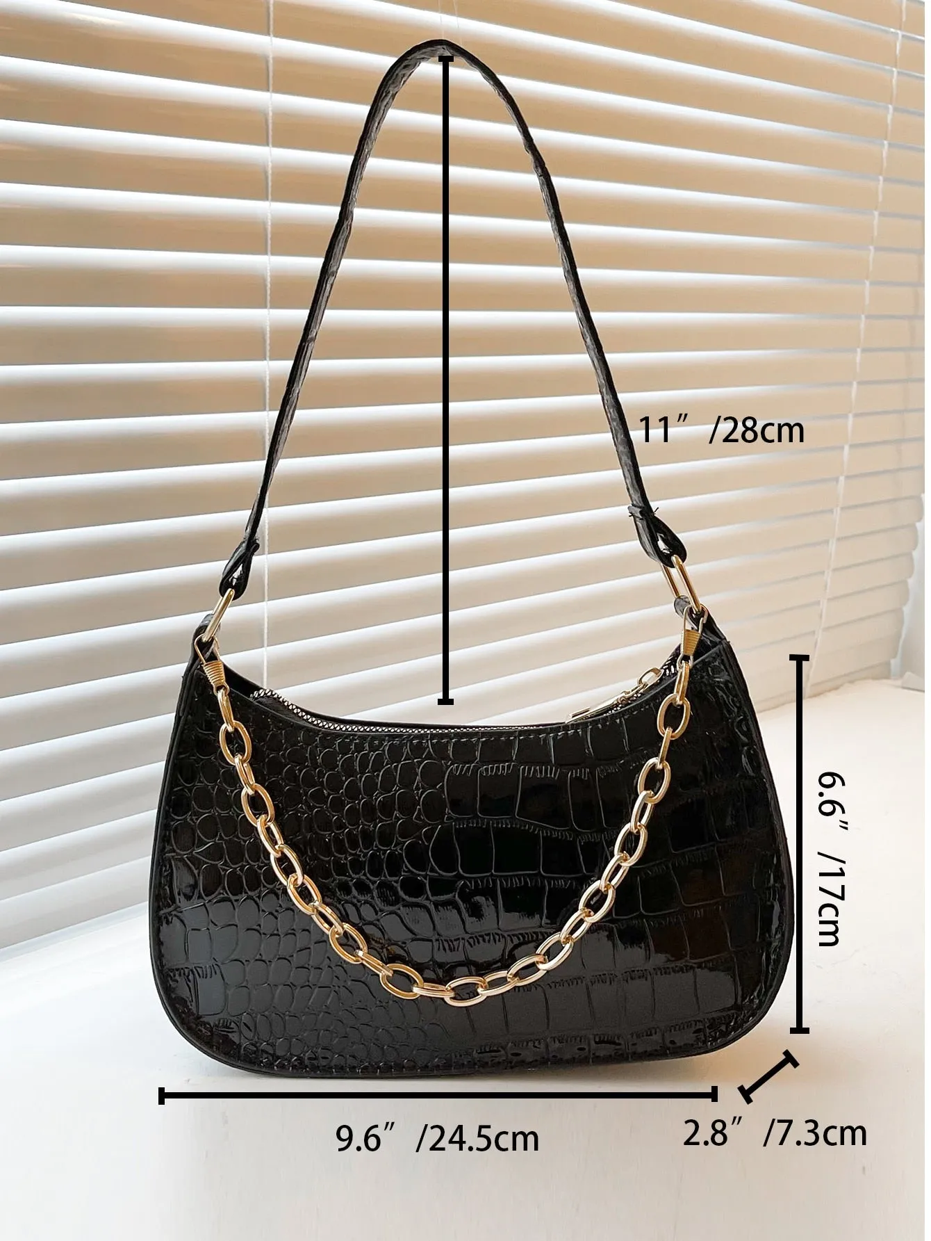 Crocodile Embossed Baguette Bag - Black
