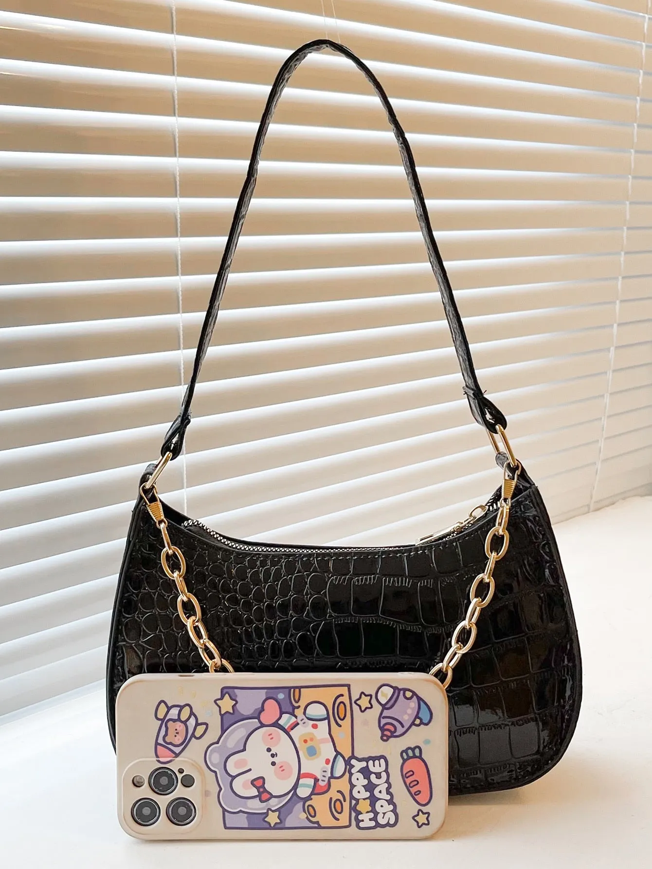 Crocodile Embossed Baguette Bag - Black
