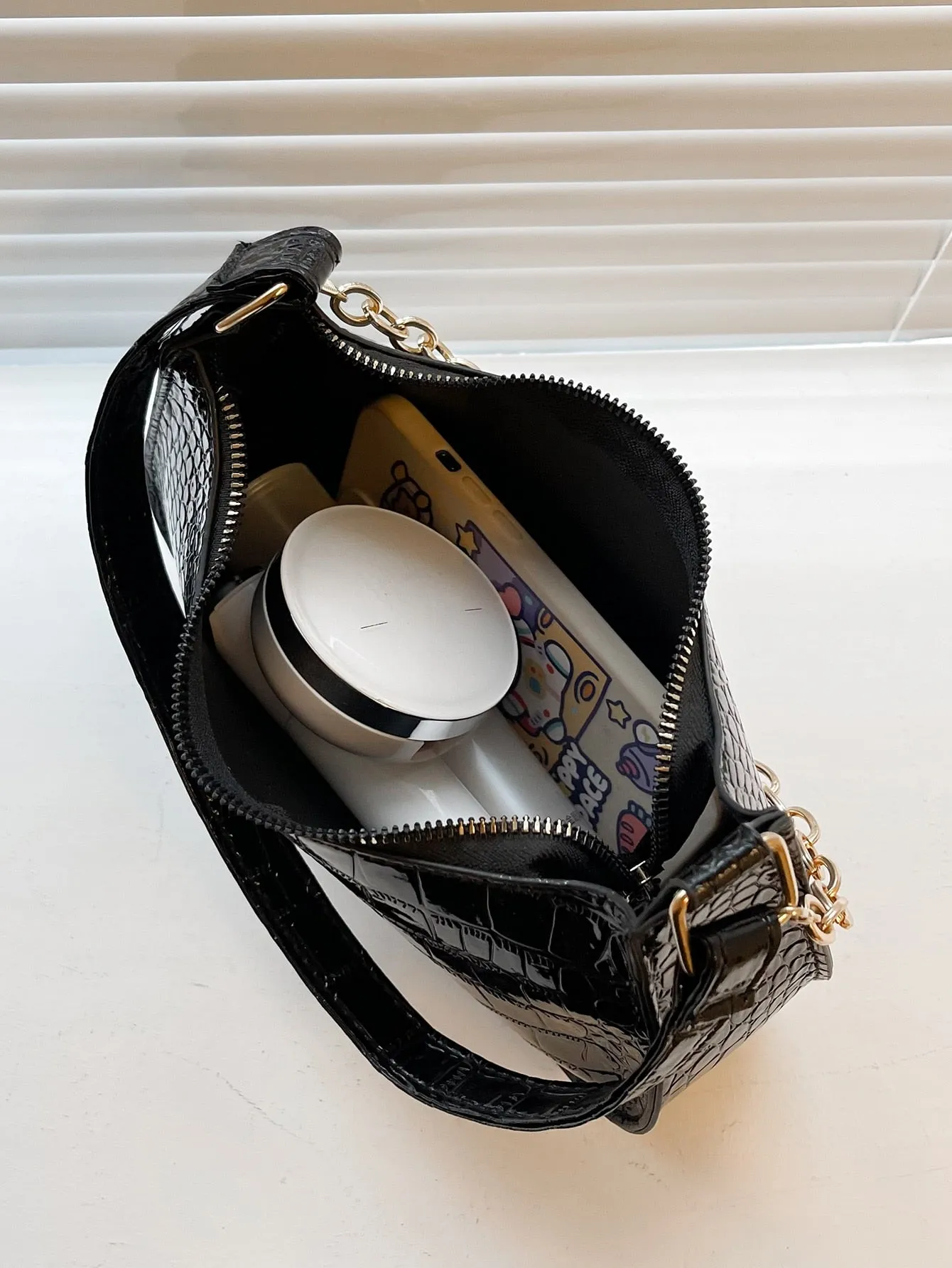 Crocodile Embossed Baguette Bag - Black
