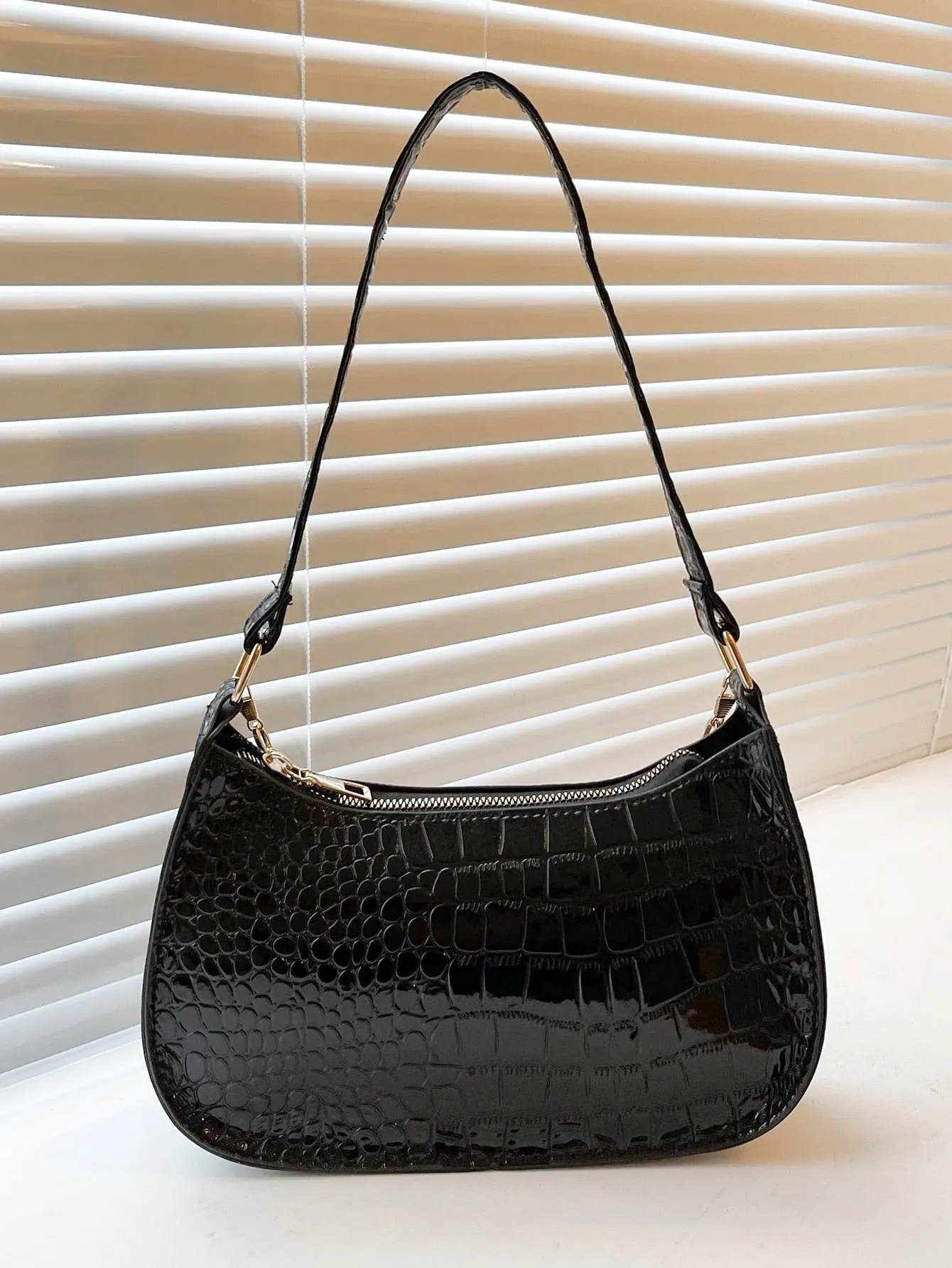 Crocodile Embossed Baguette Bag - Black