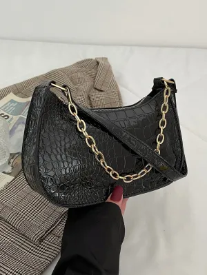 Crocodile Embossed Baguette Bag - Black