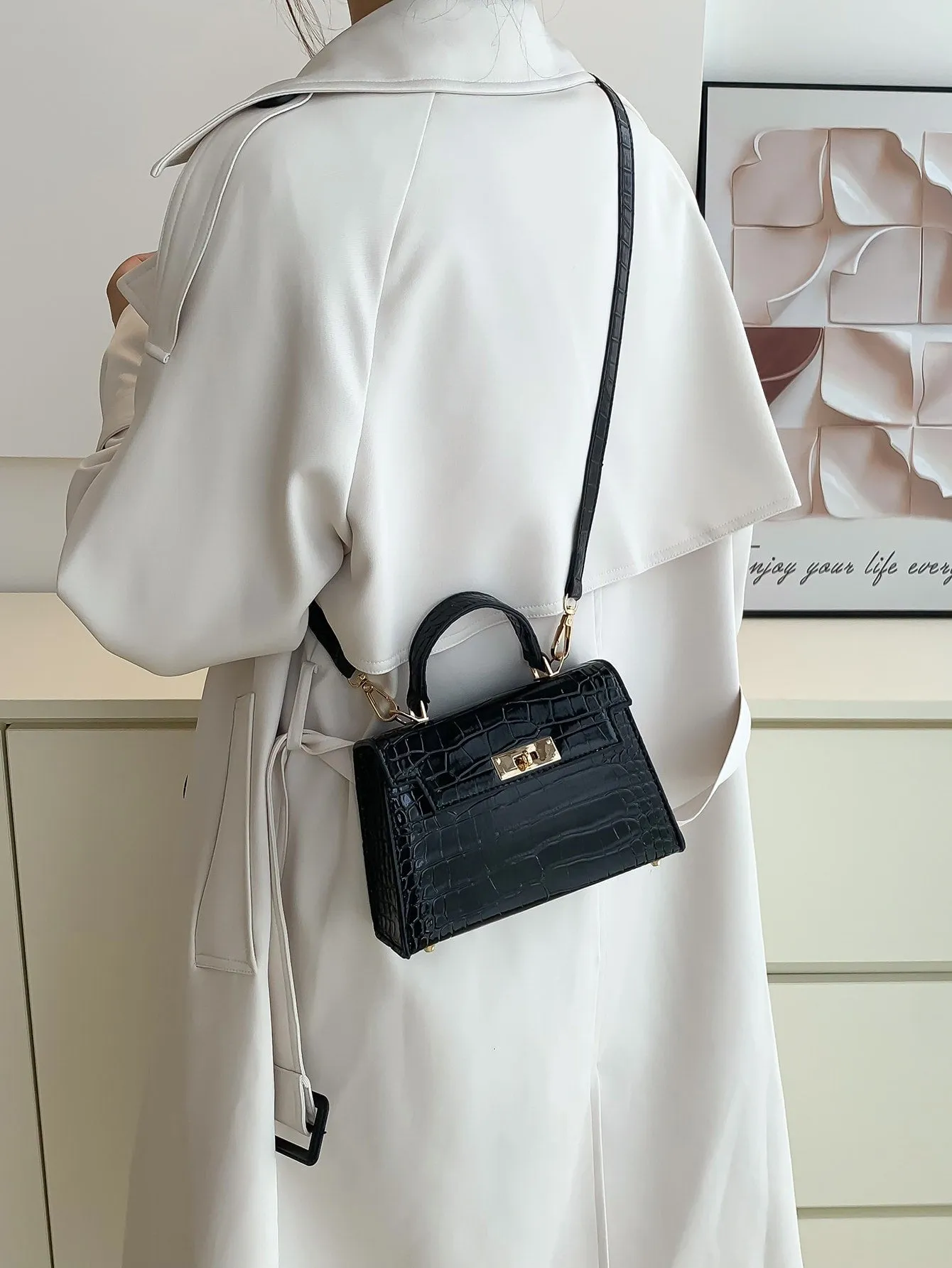 Crocodile Embossed Square Bag - Black