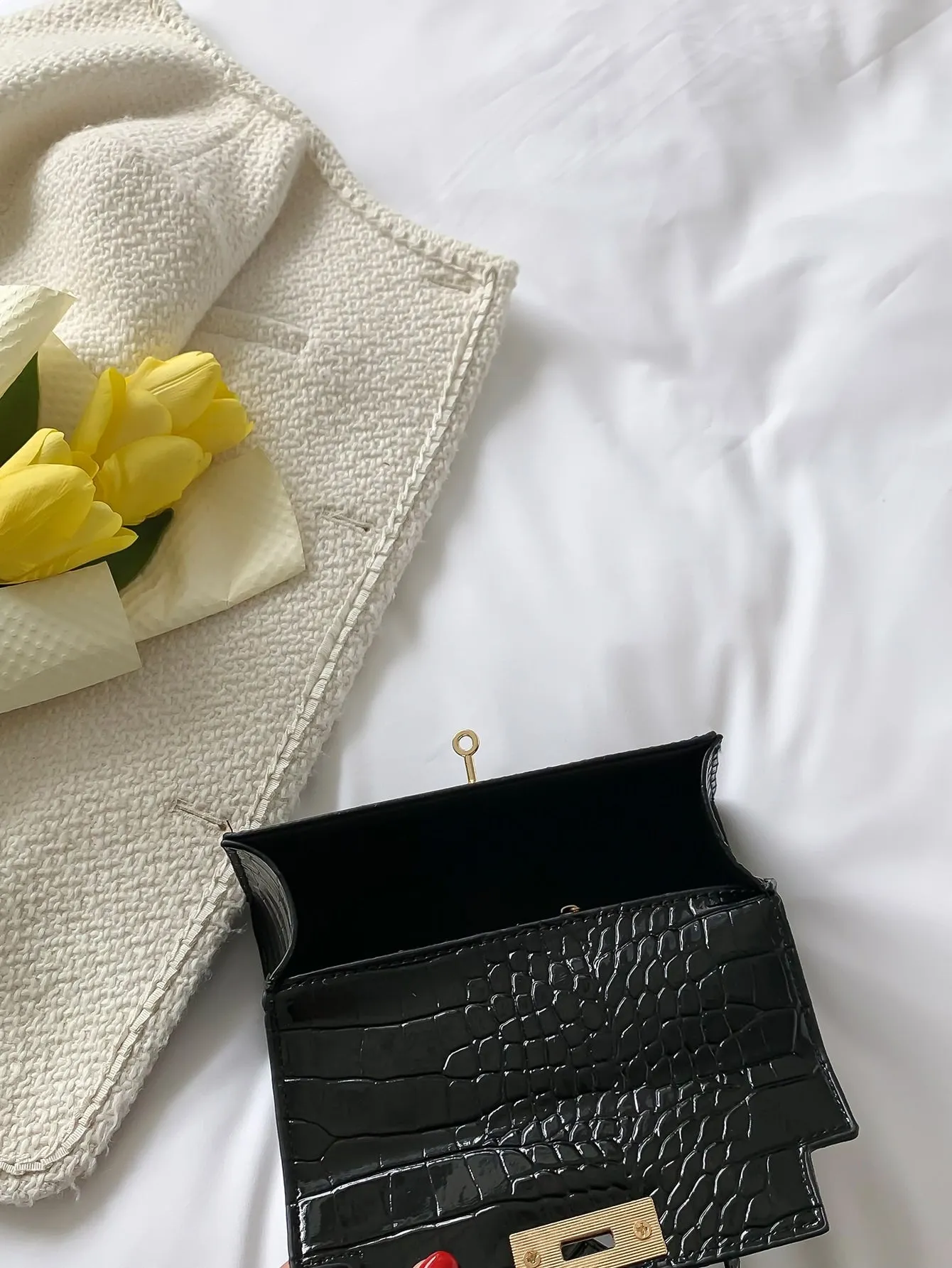 Crocodile Embossed Square Bag - Black