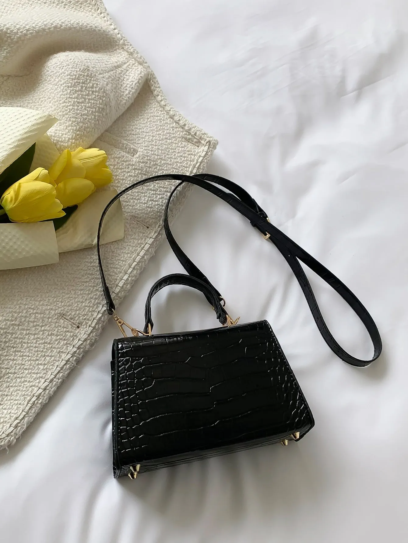 Crocodile Embossed Square Bag - Black
