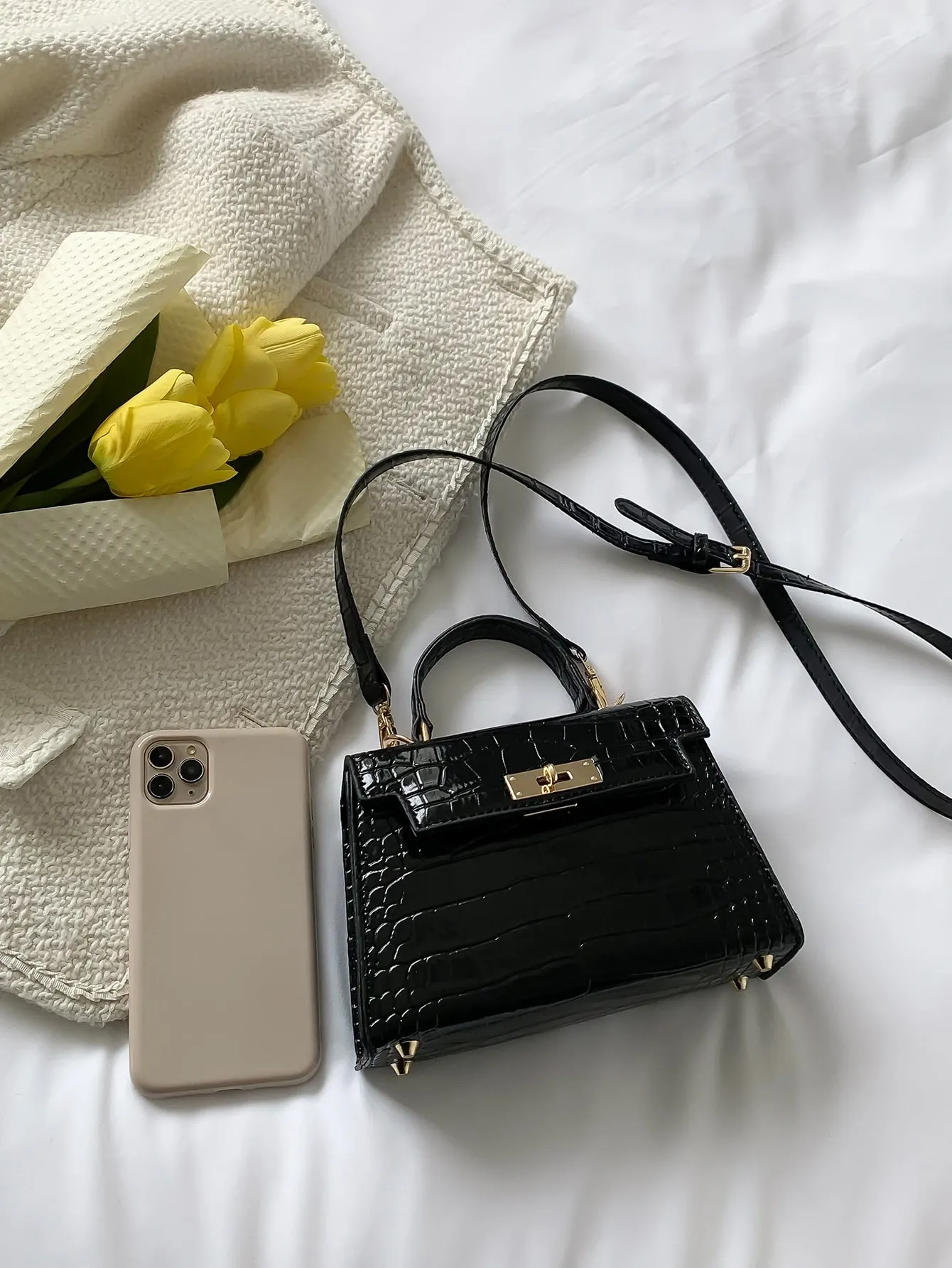 Crocodile Embossed Square Bag - Black