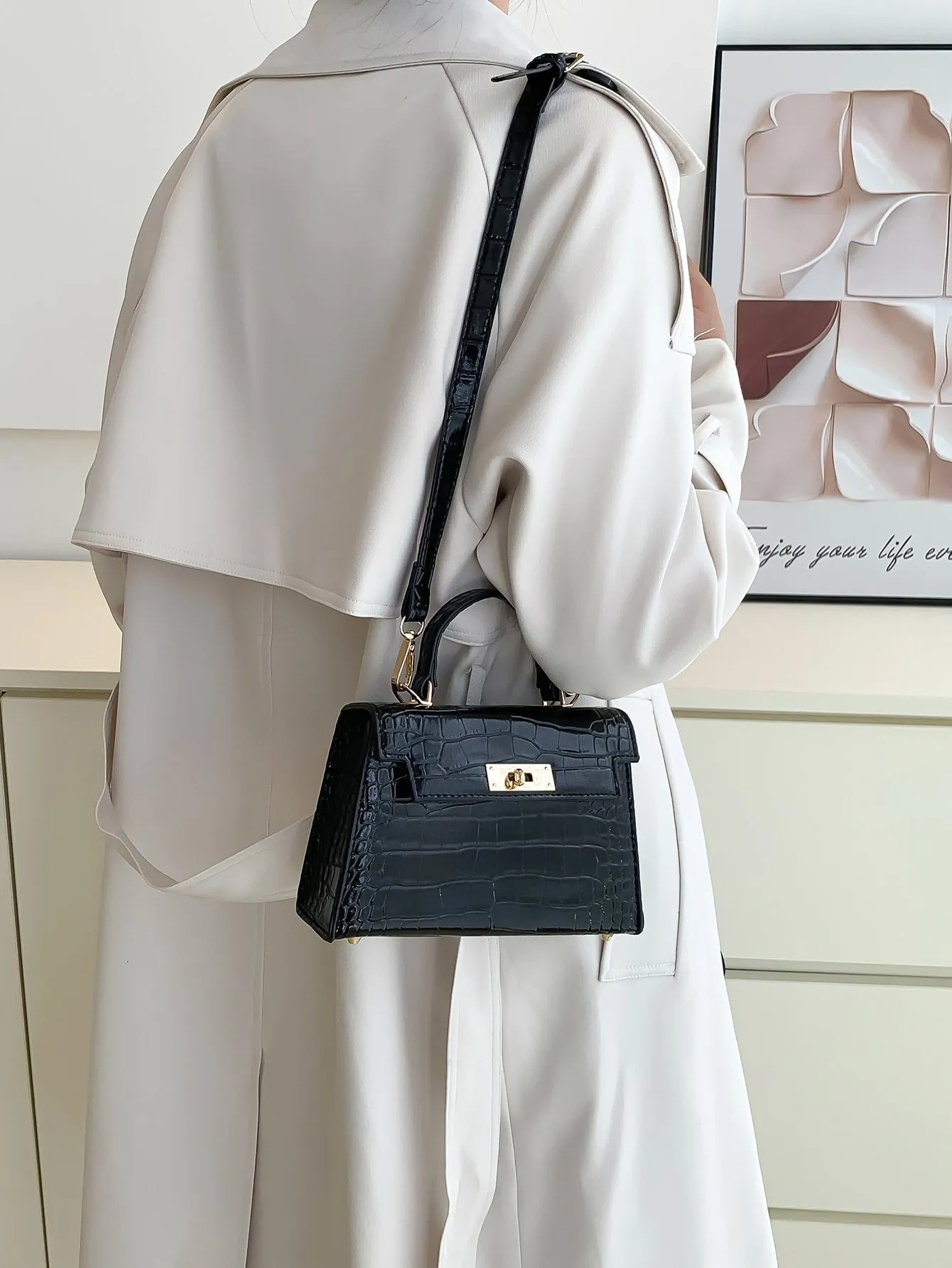Crocodile Embossed Square Bag - Black