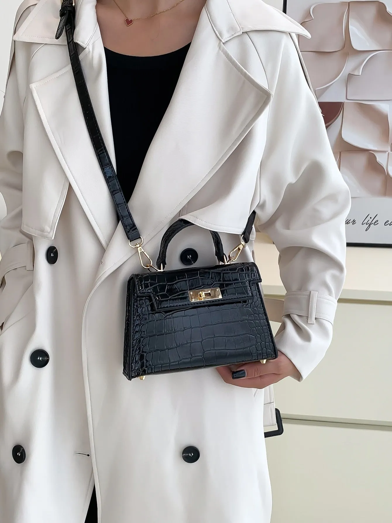 Crocodile Embossed Square Bag - Black