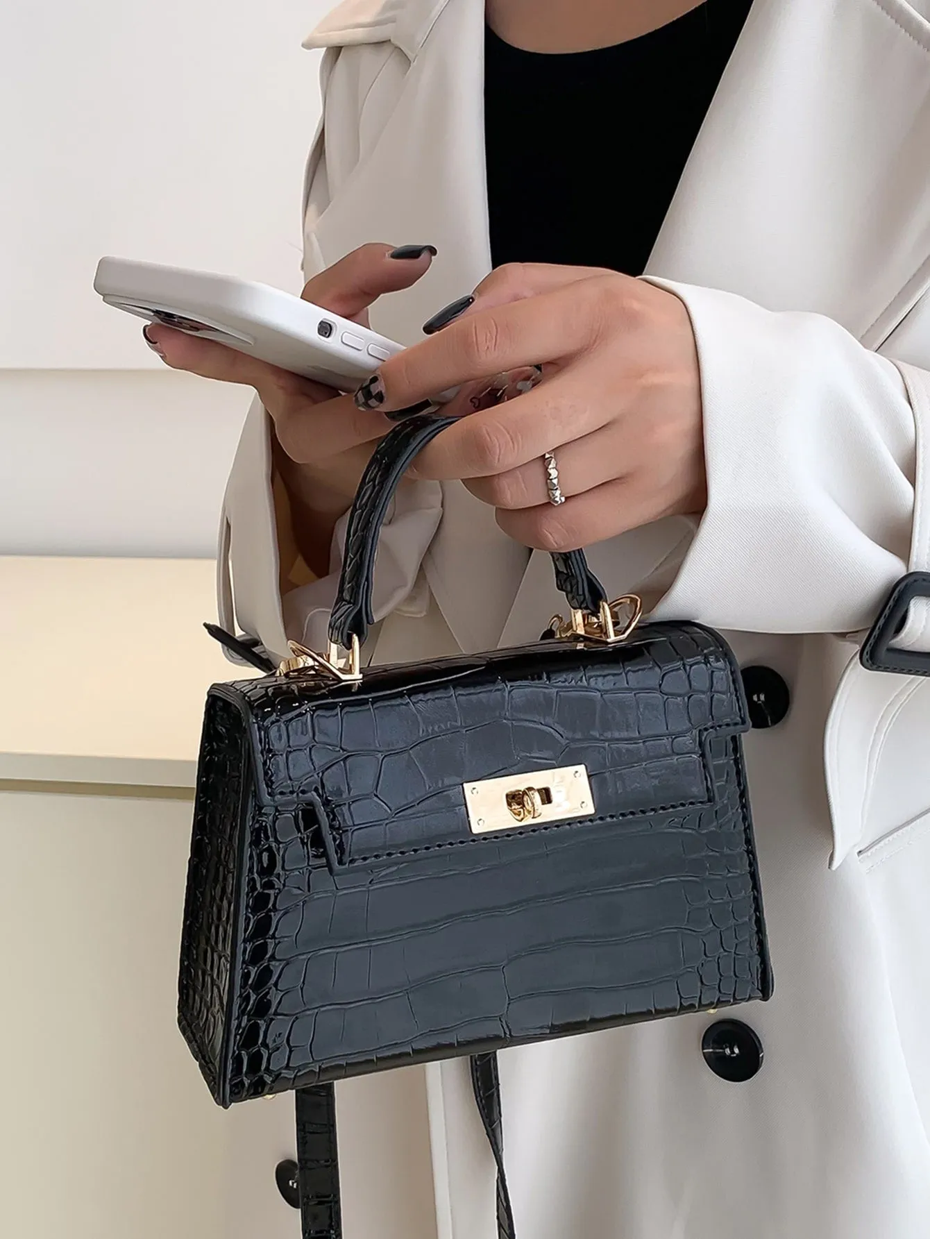 Crocodile Embossed Square Bag - Black