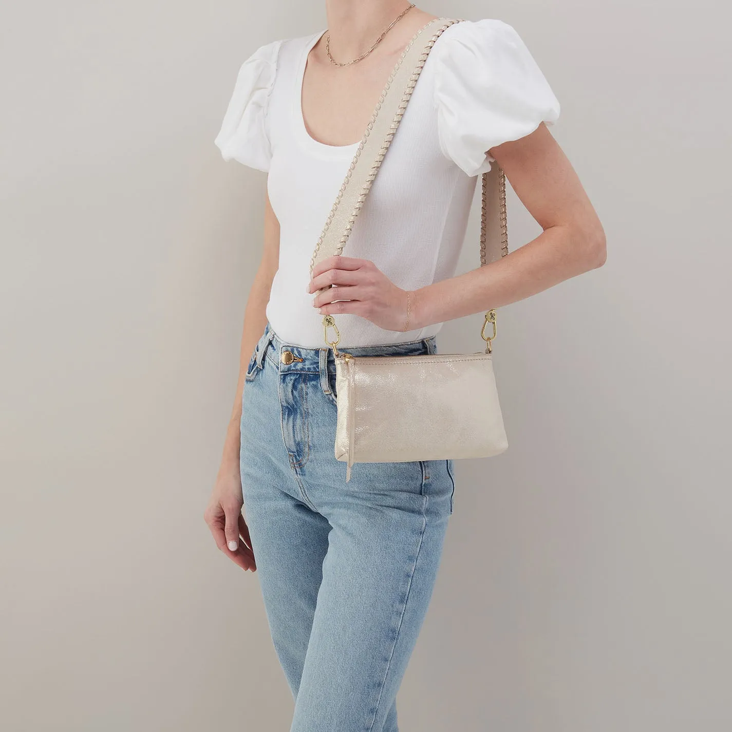 Darcy Crossbody In Metallic Leather - Sand Shimmer