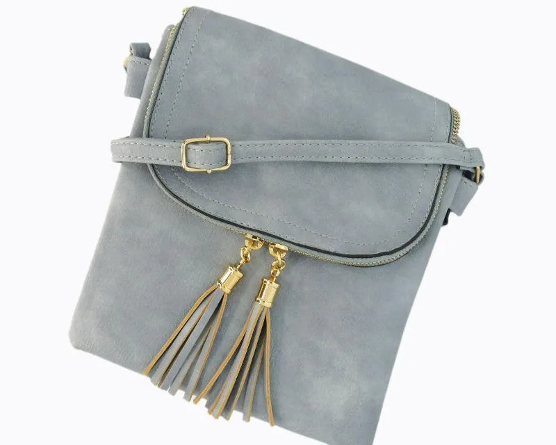 Desi Vegan Suede Dusty Blue Crossbody Handbag