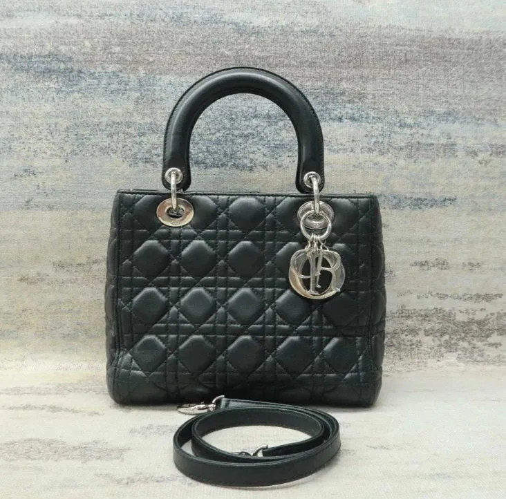 DIOR Medium Lady Black Lambskin Leather Satchel Bag