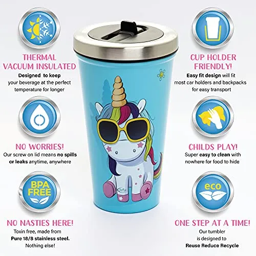 Fairy Kids Cups With Straws 16oz Screw Spill Proof Lid Silicone Tip Stainless Steel