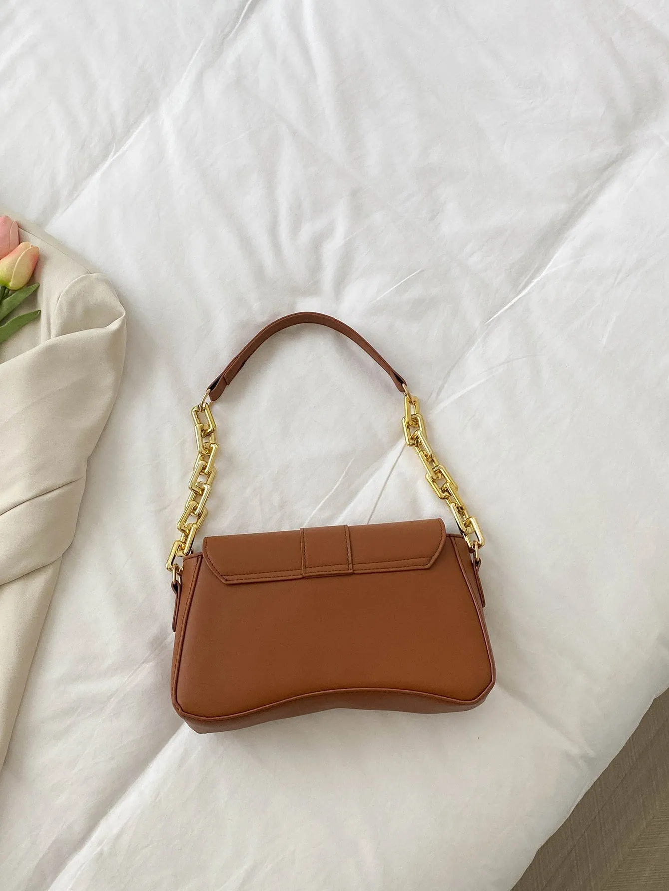 Faux Leather Minimalist Flap Chain Baguette Bag- FD ⚡
