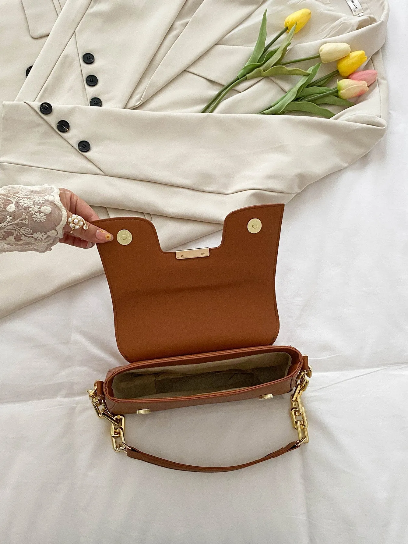 Faux Leather Minimalist Flap Chain Baguette Bag- FD ⚡