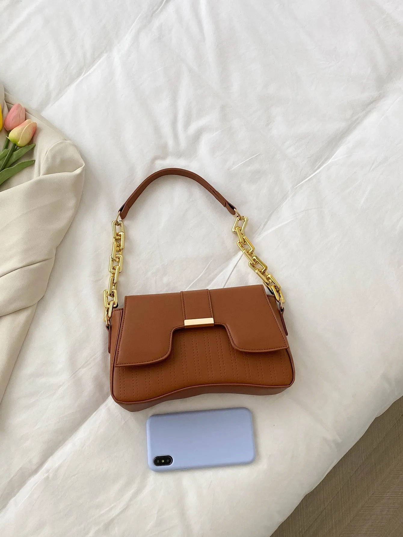 Faux Leather Minimalist Flap Chain Baguette Bag- FD ⚡